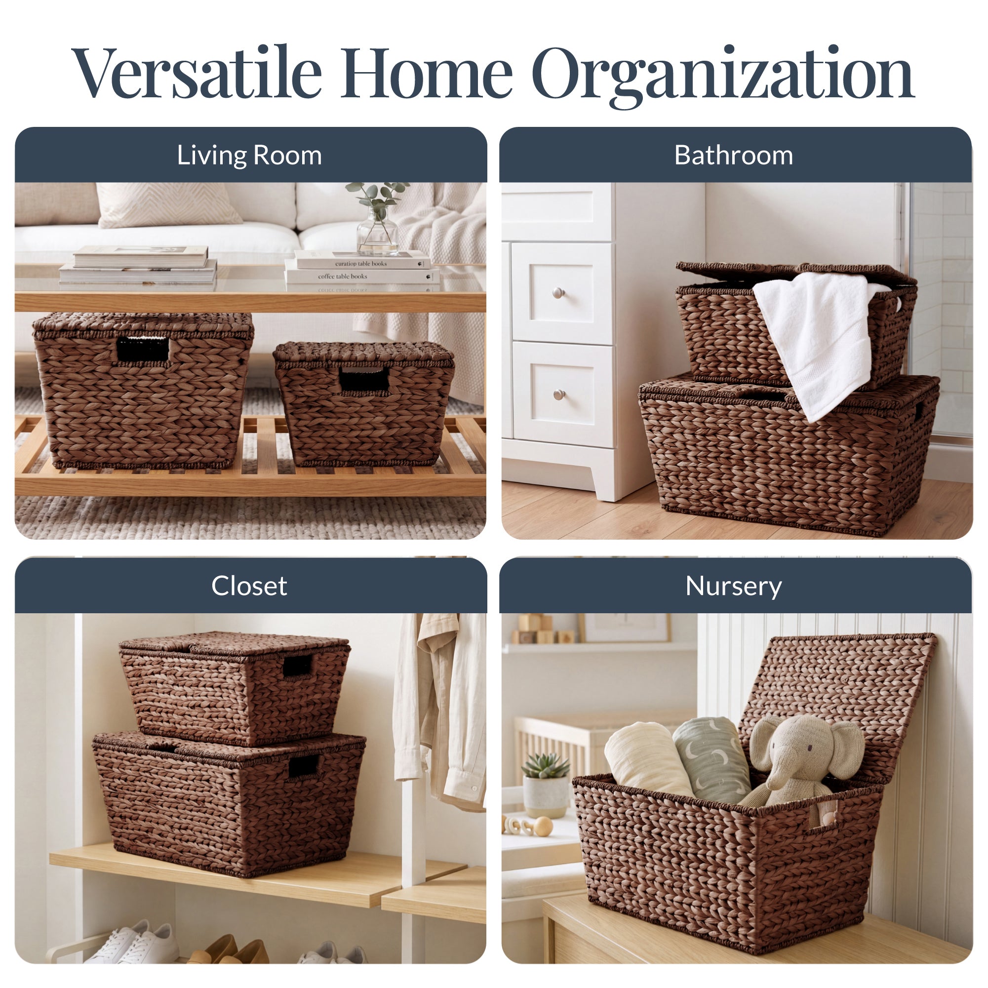 Set of 2 X-Large & Medium Woven Storage Baskets, Bins W/Lids & Handles