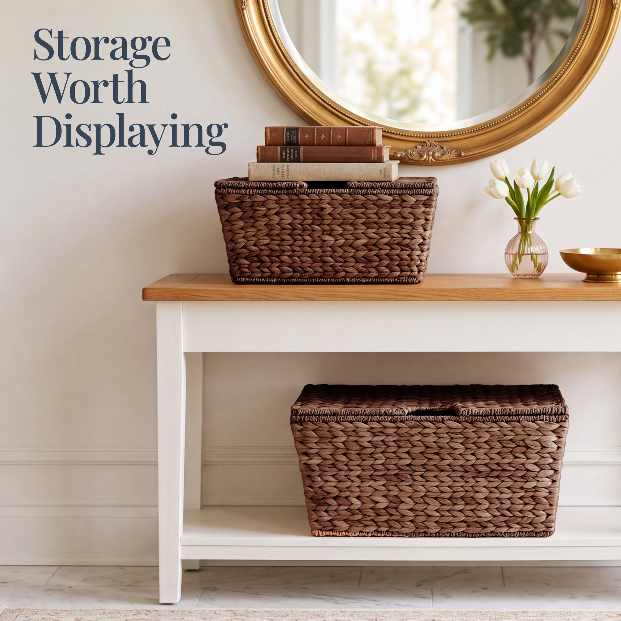 Set of 2 X-Large & Medium Woven Storage Baskets, Bins W/Lids & Handles