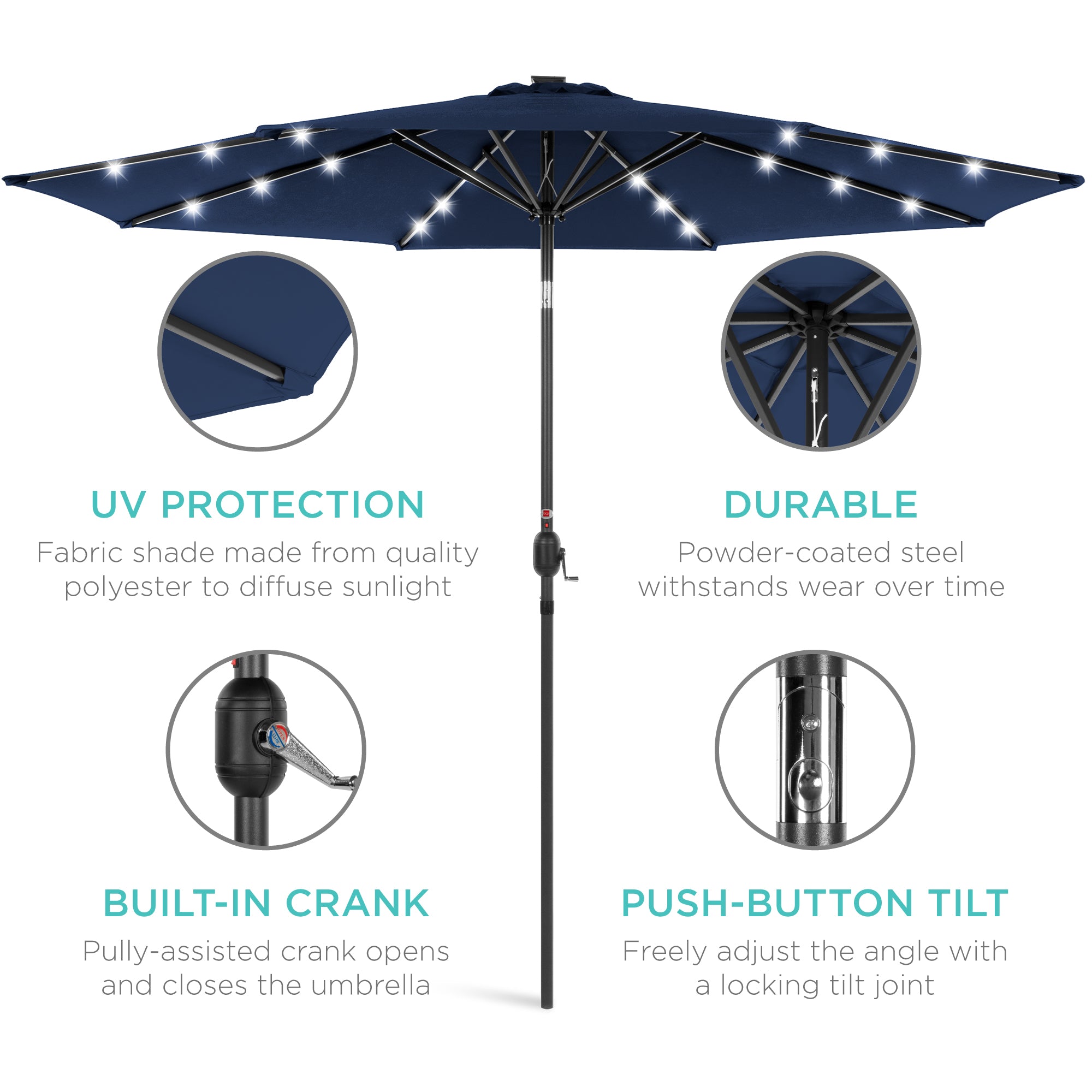 Solar LED Lighted Patio Umbrella w/ Tilt Adjustment, UV-Resistant - 10ft