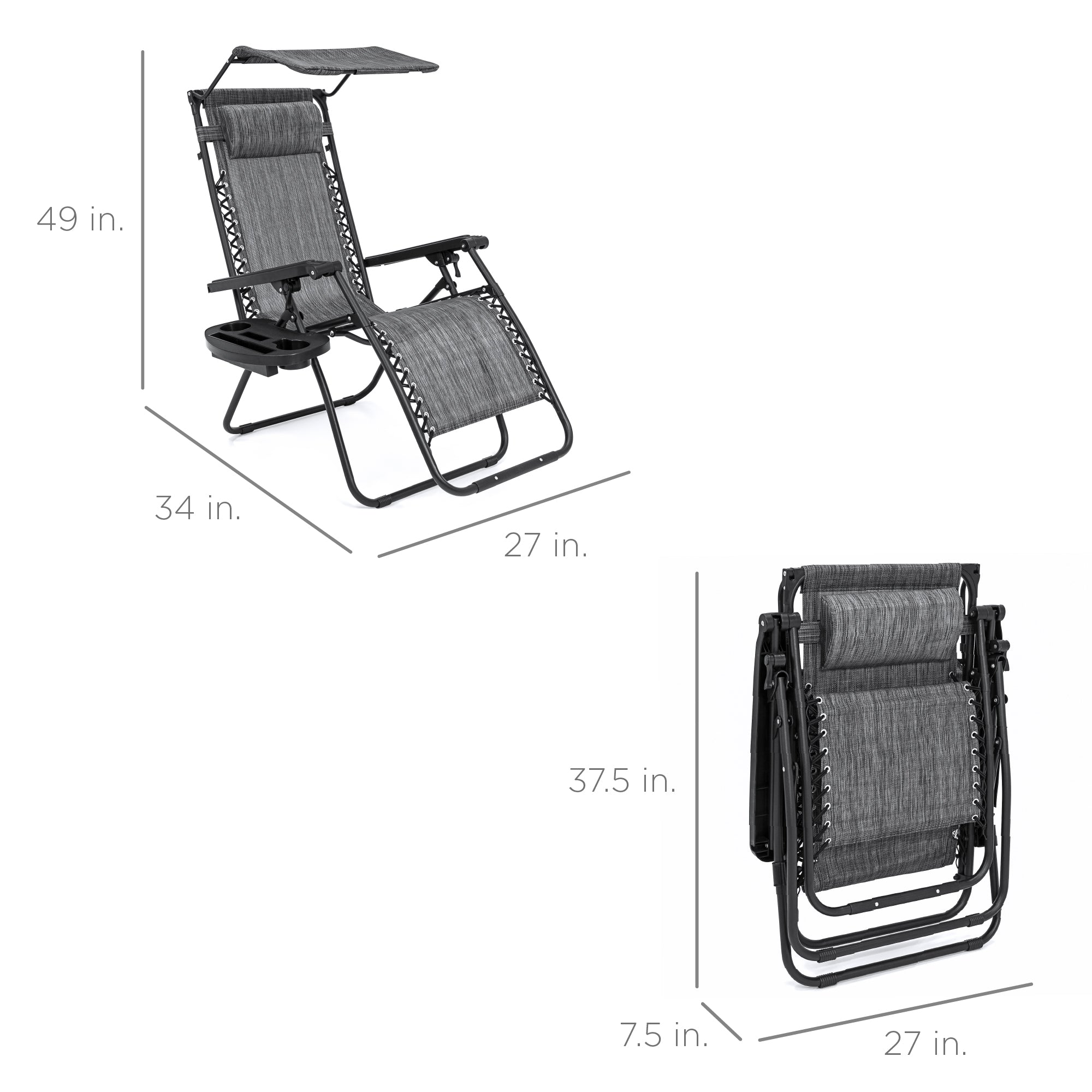 Best Choice Products Oversized Zero Gravity Chair, Folding Recliner w/ Removable Cushion, Side Tray - Fossil Gray