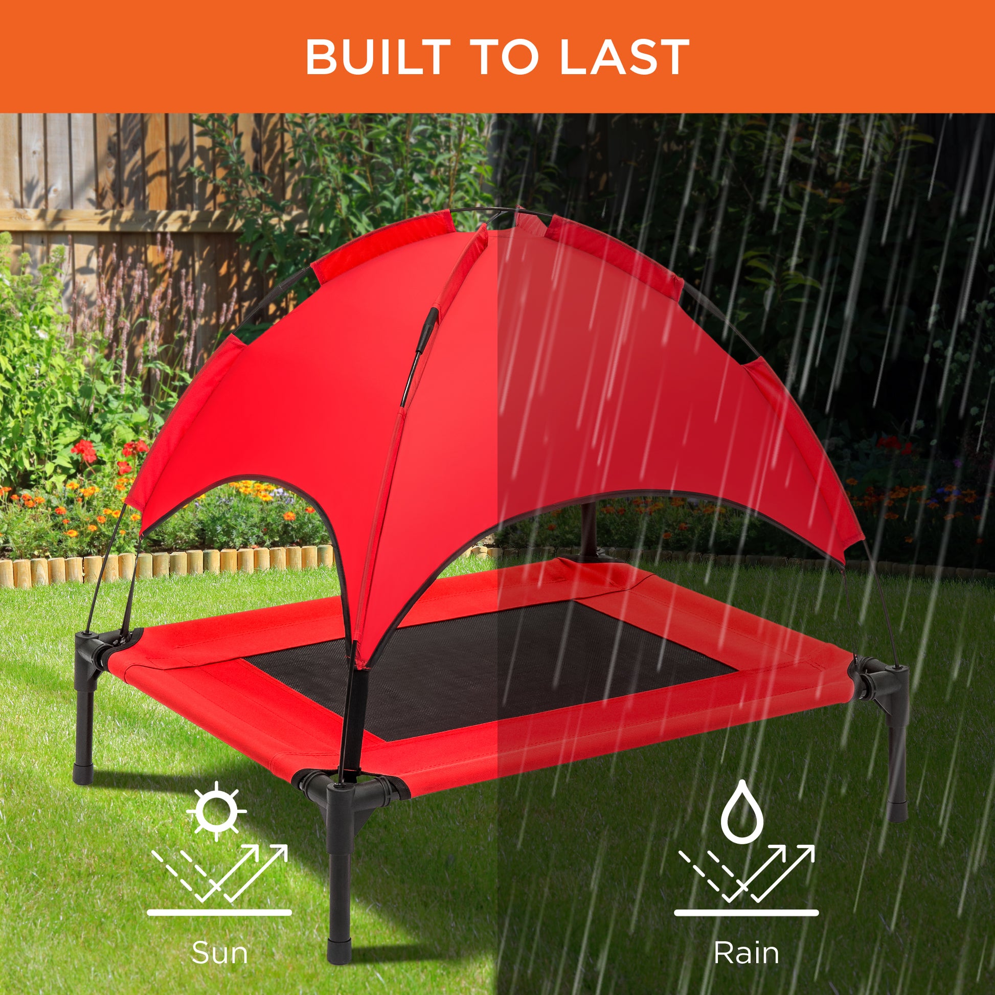 dog bag rain or shine tent Best Choice Products 30in Elevated Cooling Dog Bed, Outdoor Raised Mesh Pet Cot w/ Removable Canopy, Carrying Bag