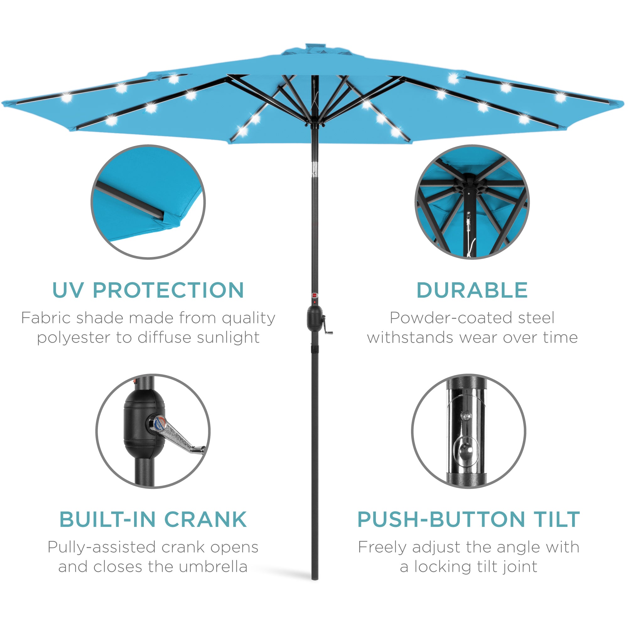 Solar LED Lighted Patio Umbrella w/ Tilt Adjustment, UV-Resistant - 10ft