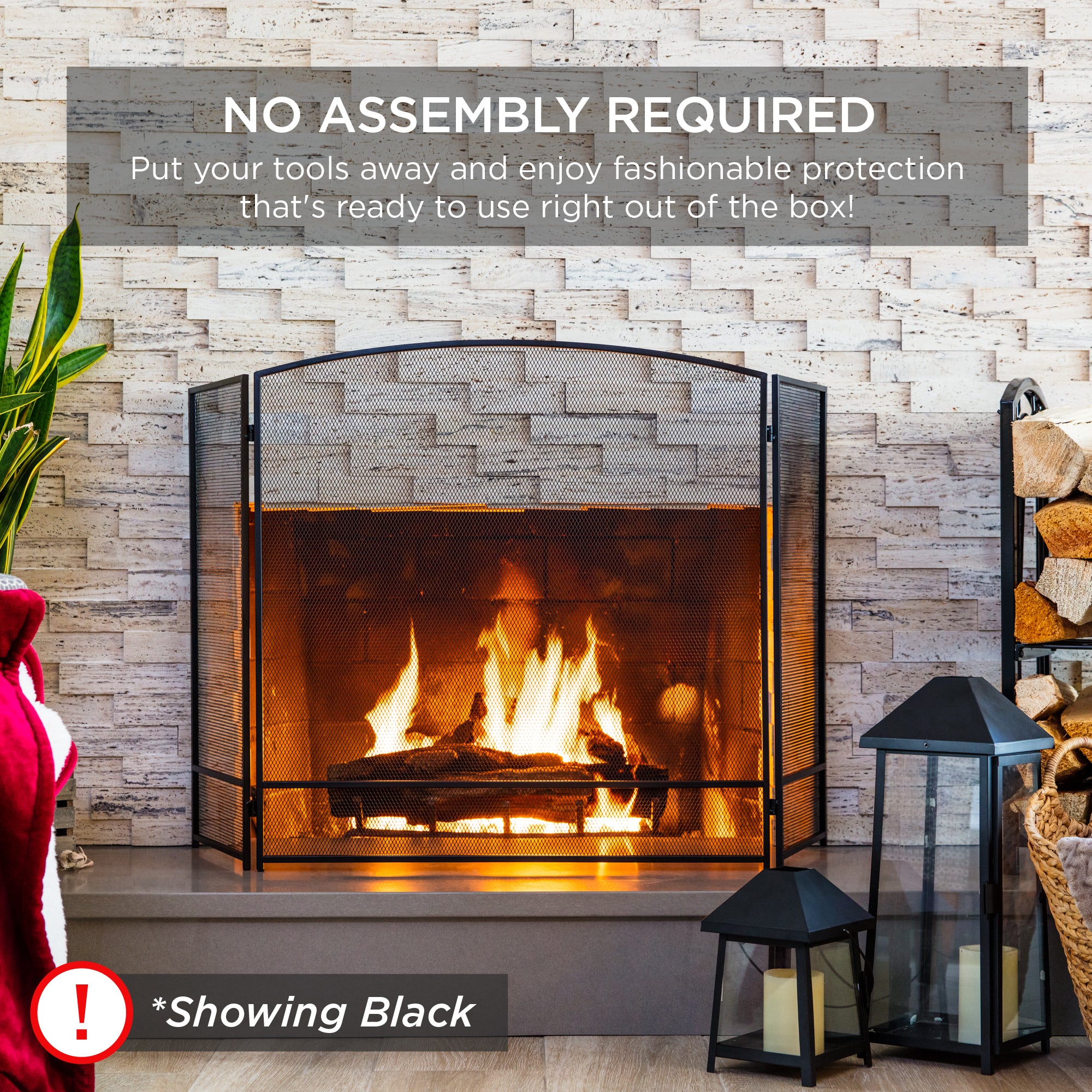 3-Panel Simple Steel Mesh Fireplace Screen w/ Worn Finish - 47.5