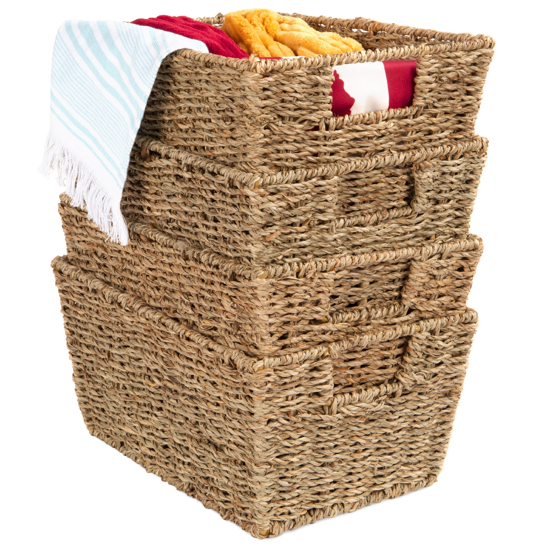 Set 4 Seagrass Storage Tote Baskets Laundry Organizer w Insert Handles