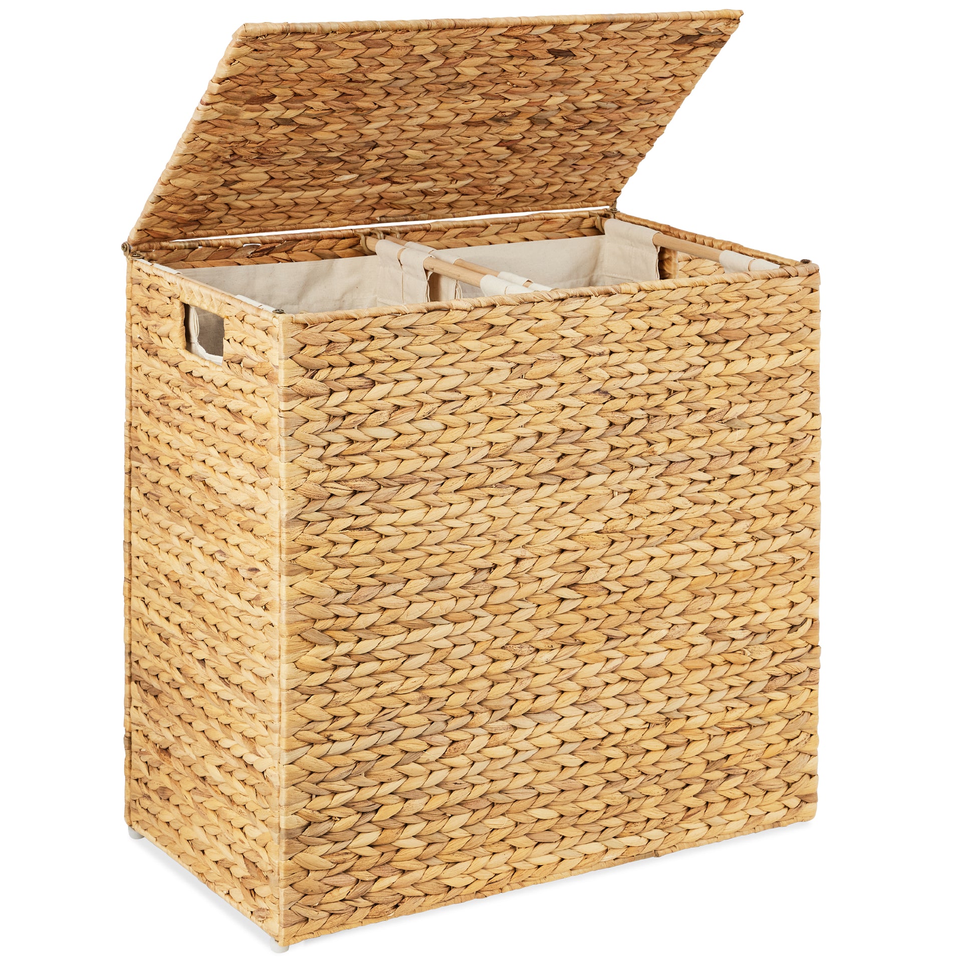 Large Water Hyacinth Double Laundry Hamper Basket w/ 2 Liner Bags - Natural