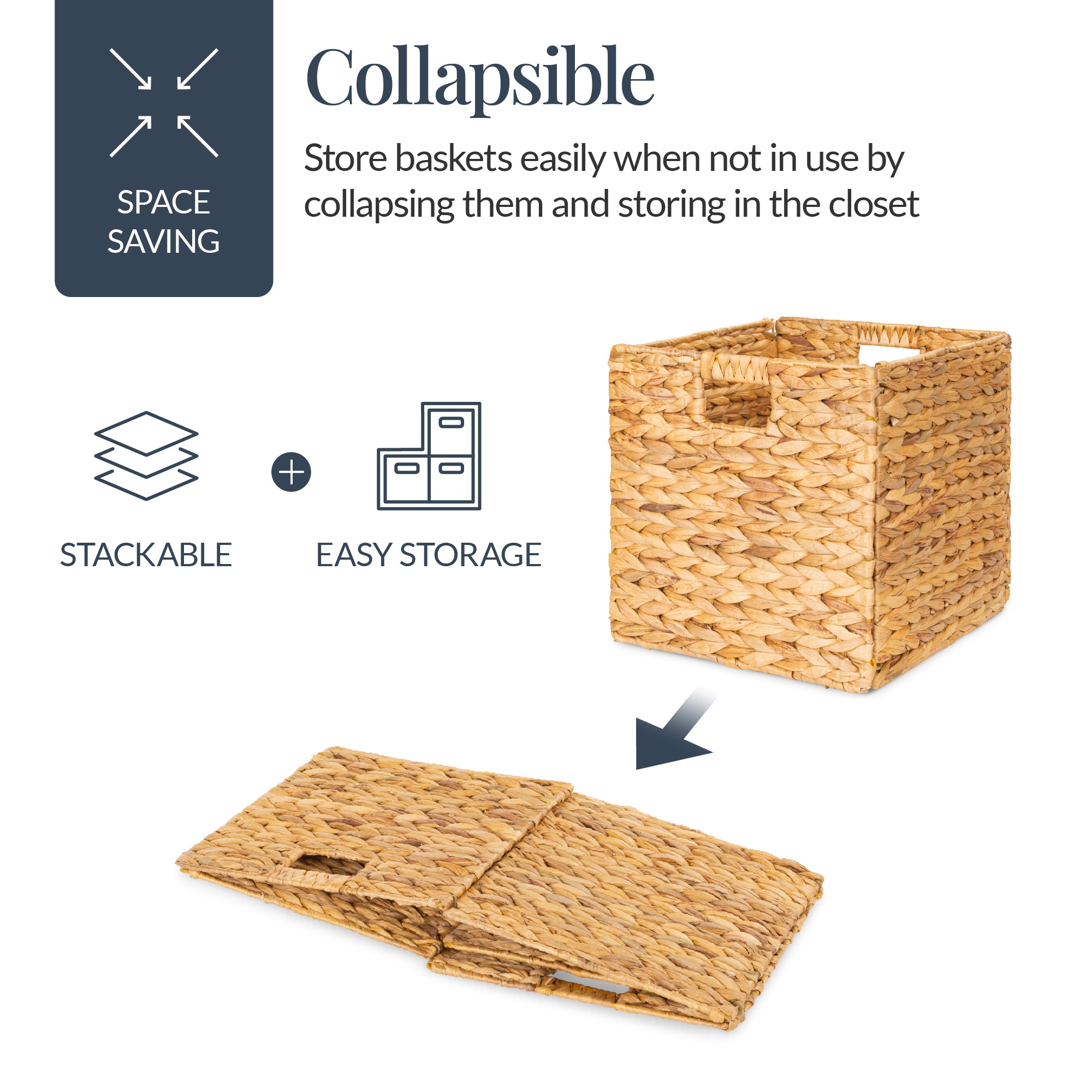 Set of 5 Collapsible Hyacinth Storage Baskets w/ Inserts - 12x12in