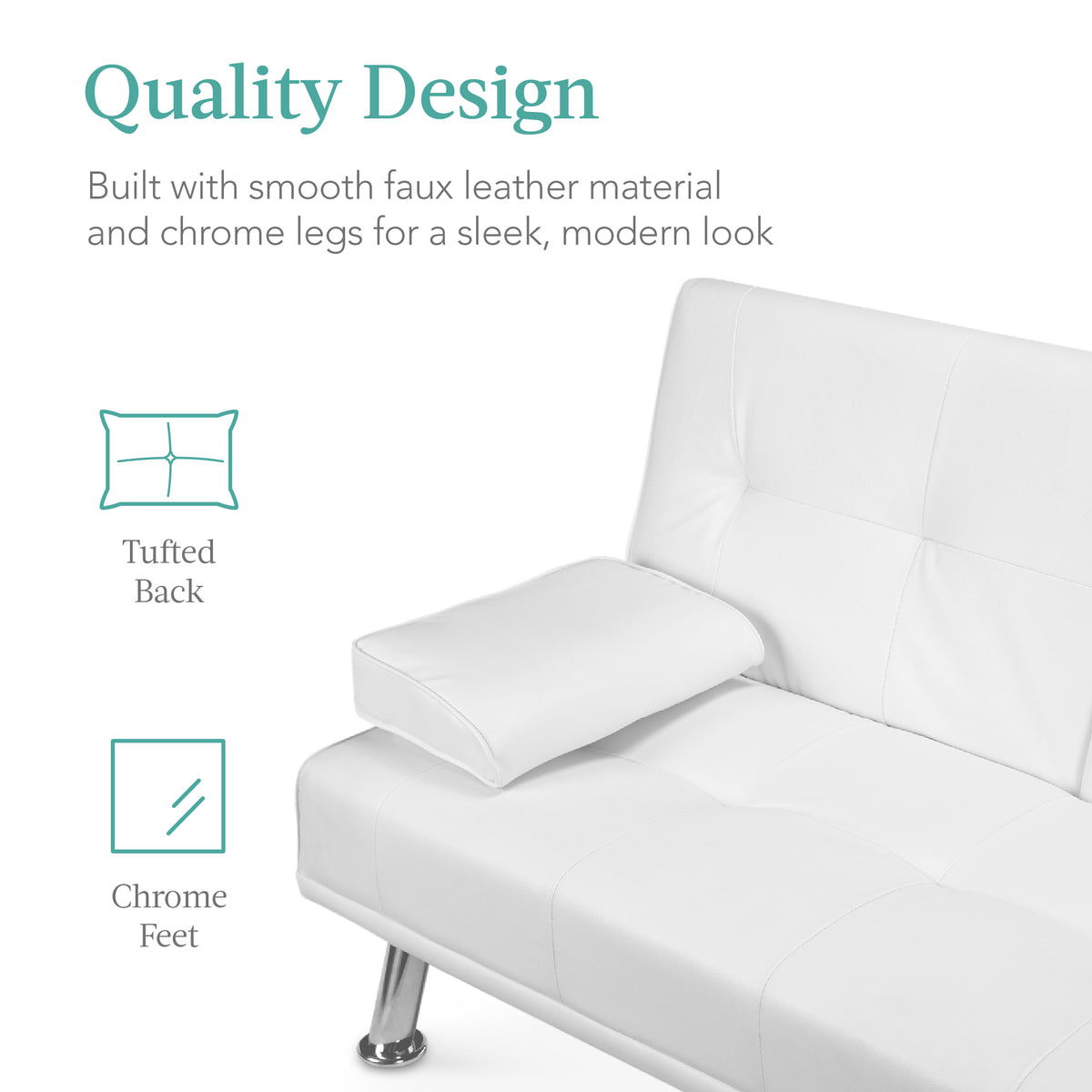 Faux Leather Upholstered Convertible Sofa Bed Futon w/ 2 Cupholders