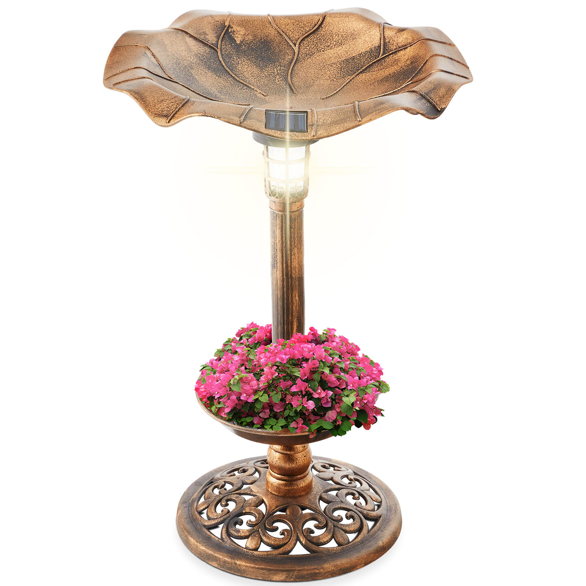 Solar Lighted Bird Bath w Planter