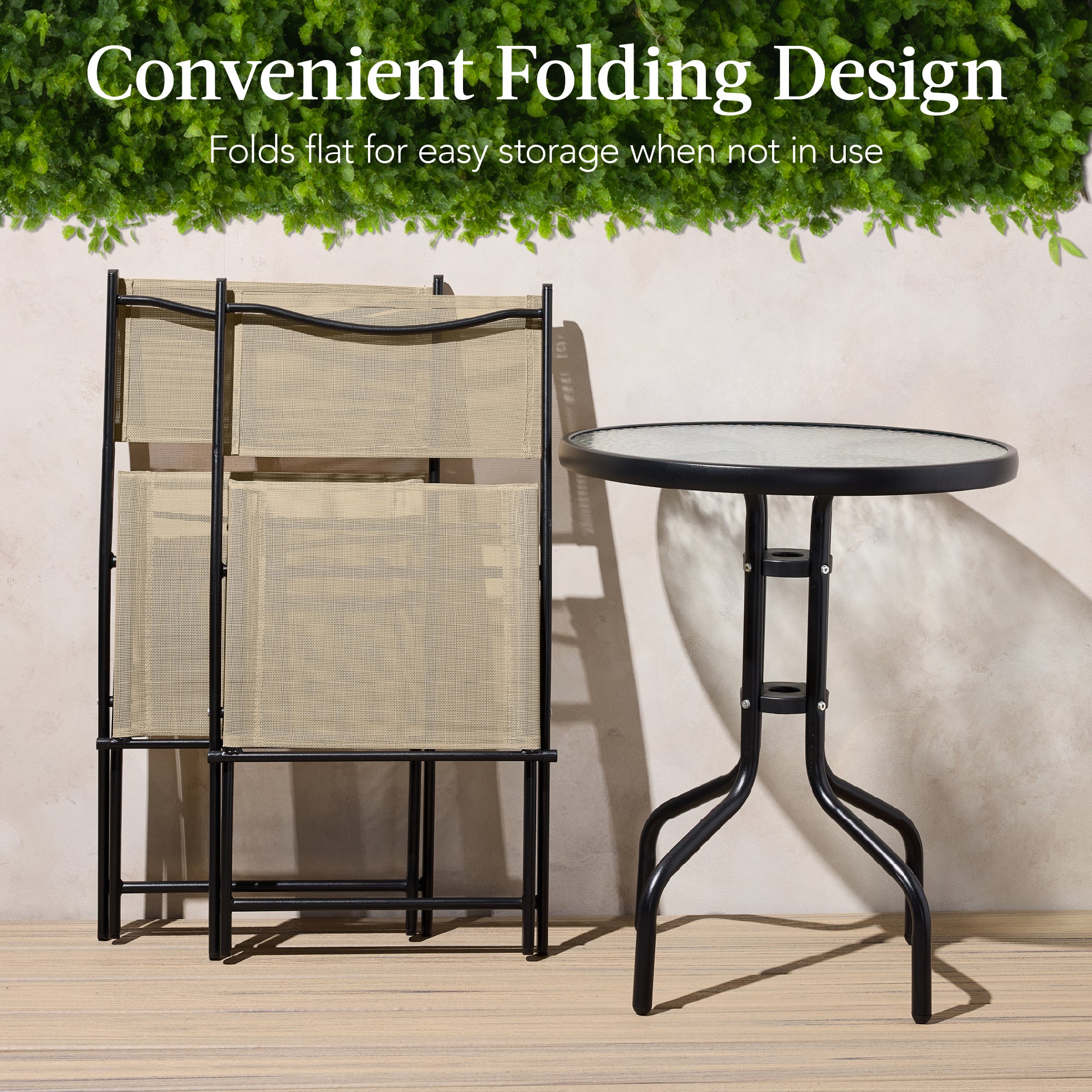 3-Piece Bistro Set w/ Glass Table, 2 Foldable Chairs