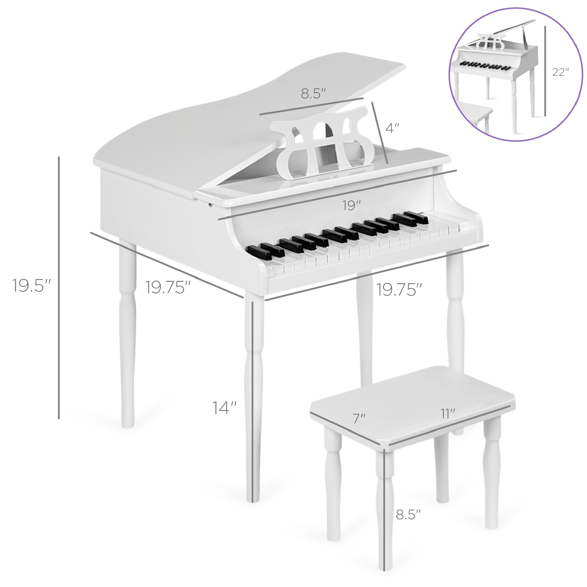 Kids Mini Wooden Grand Piano w/ Lid, Bench, Music Rack, Song Book, Stickers