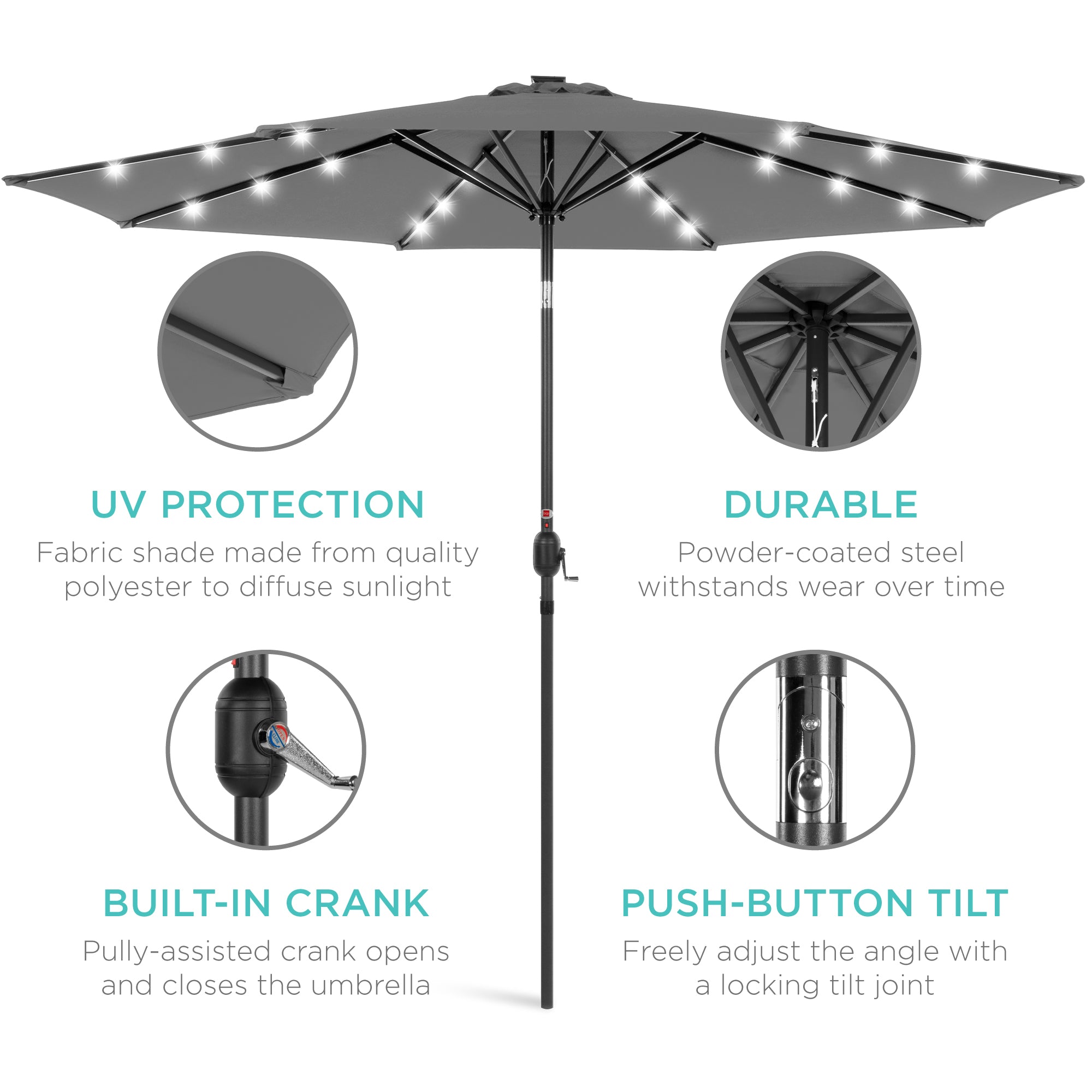 Solar LED Lighted Patio Umbrella w/ Tilt Adjustment, UV-Resistant - 10ft