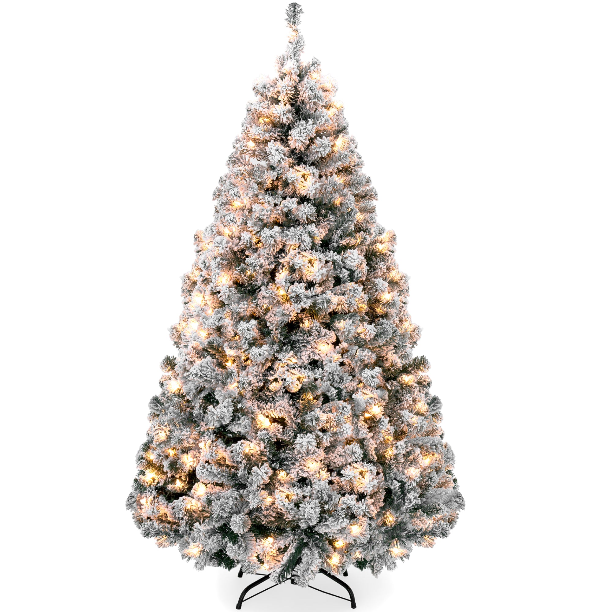 Pre-Lit Snow Flocked Artificial Pine Christmas Tree w/ Warm White Lights
