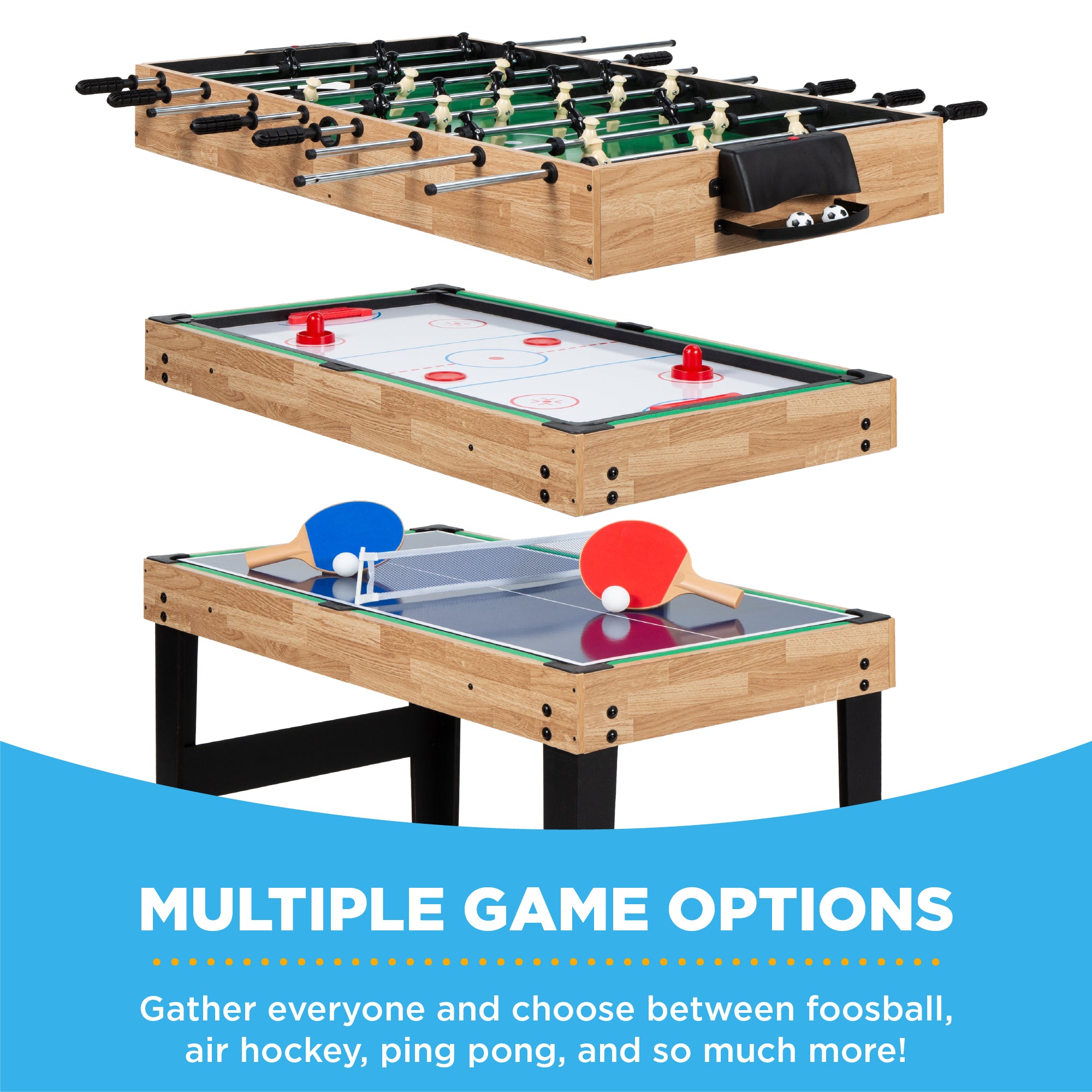 Foosball table ping pong table air store hockey table has a chess board and I don't kn