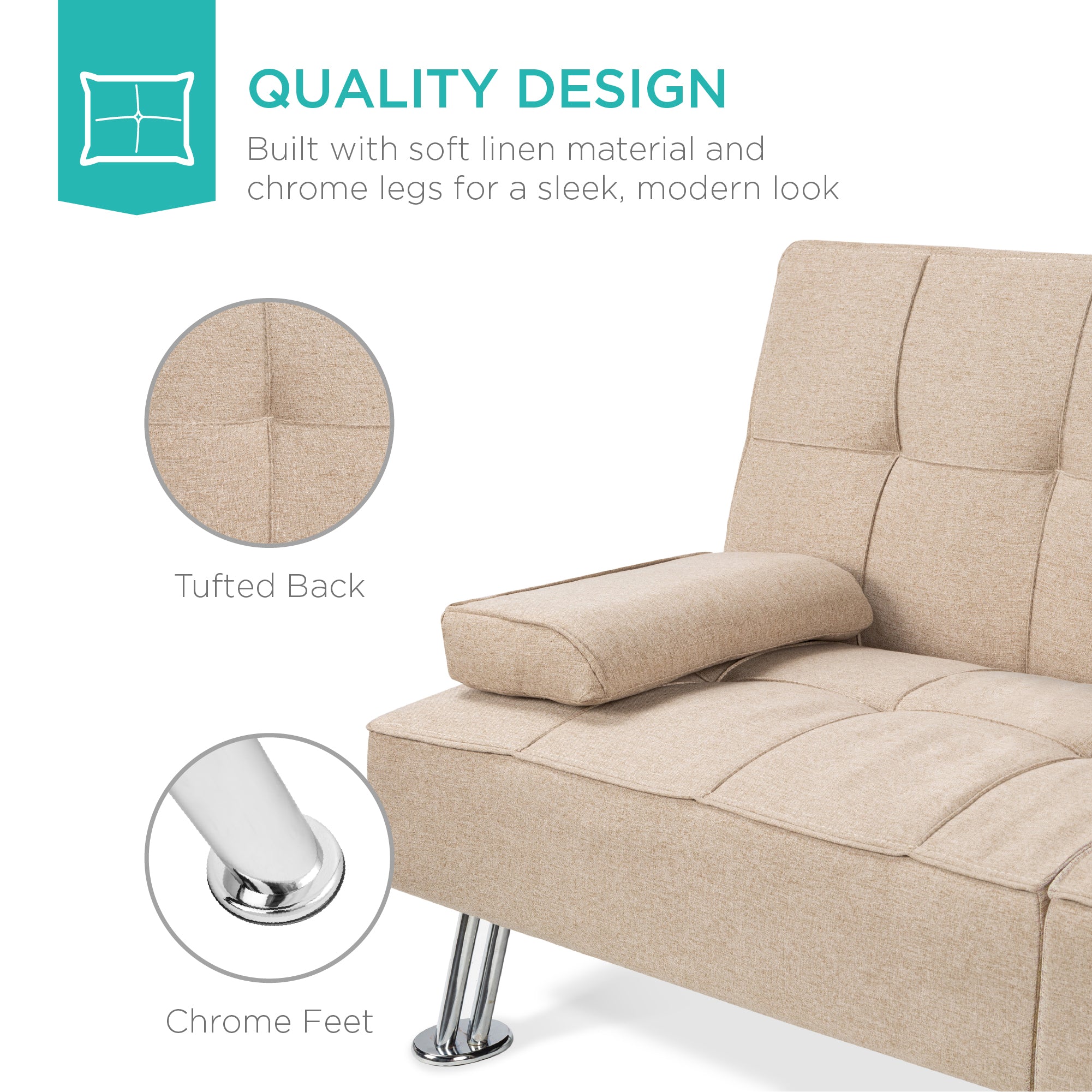 Linen Upholstered Convertible Sofa Bed Futon w/ 2 Cupholders