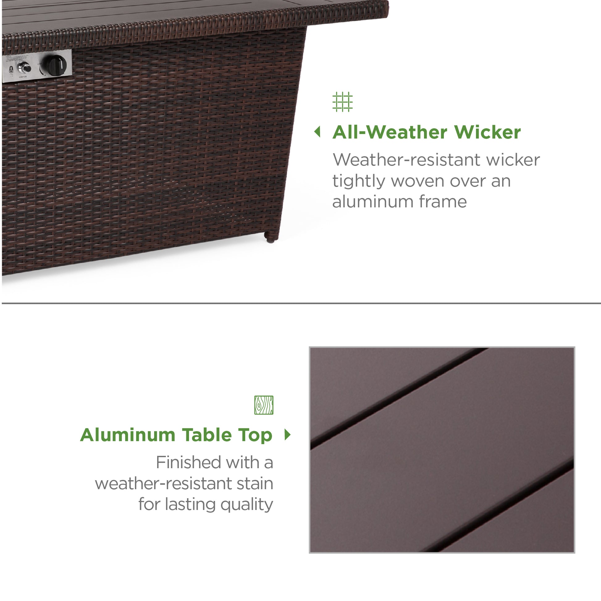 Wicker Propane Fire Pit Table, 50,000 BTU w/ Glass Wind Guard, Cover - 52in