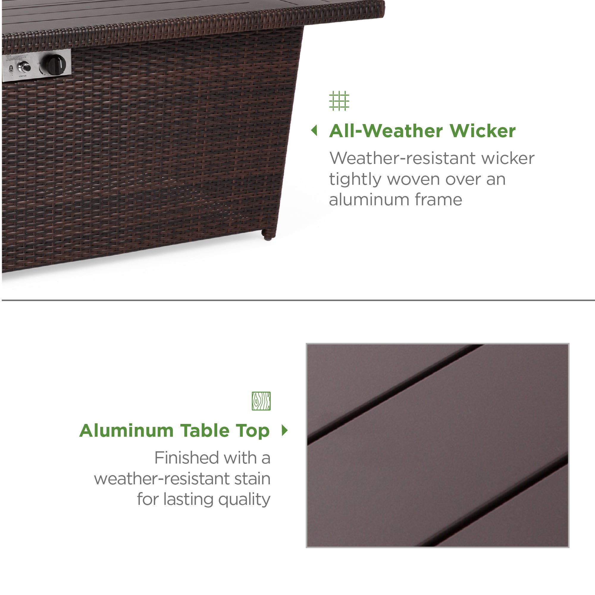 Wicker Propane Fire Pit Table, 50,000 BTU w/ Glass Wind Guard, Cover - 52in