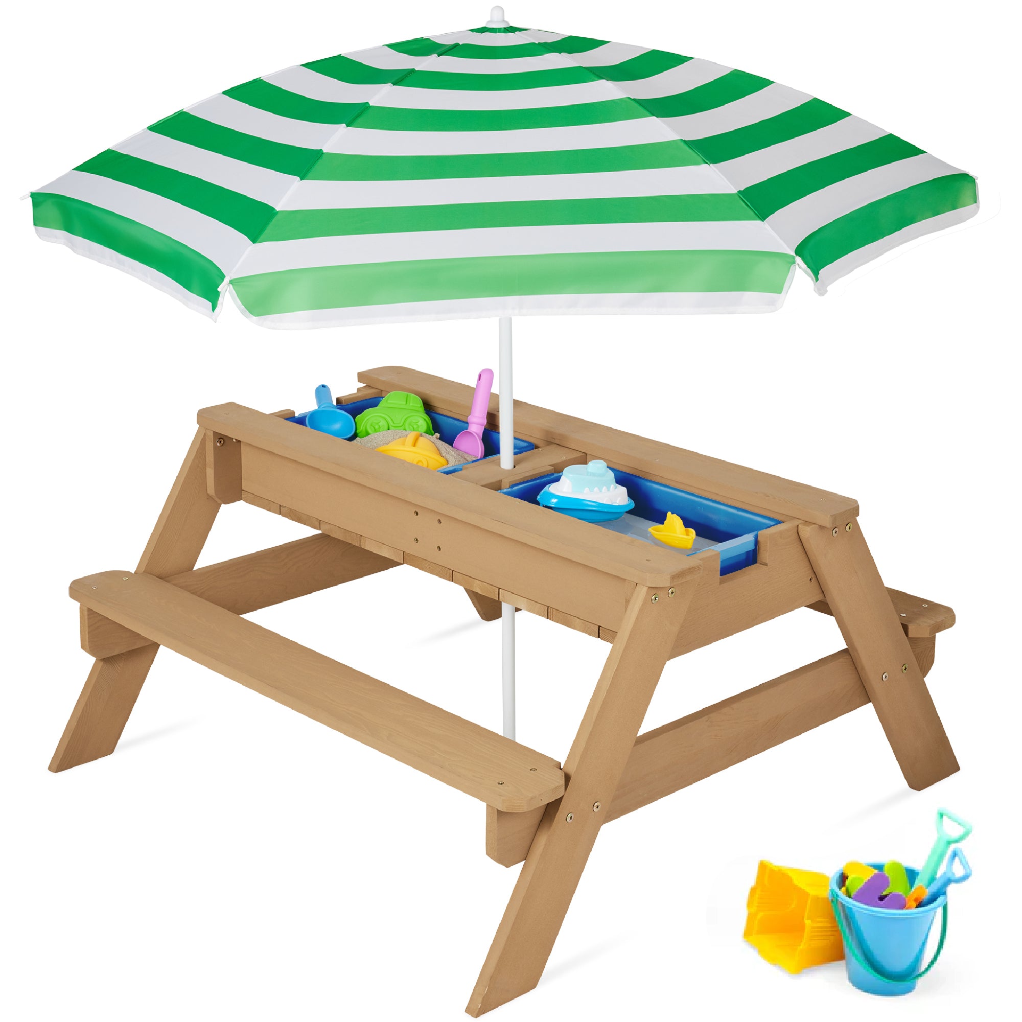 3 in 1 Kids Sand Water Table Outdoor Wood Picnic Table w Umbrella Best Choice Products