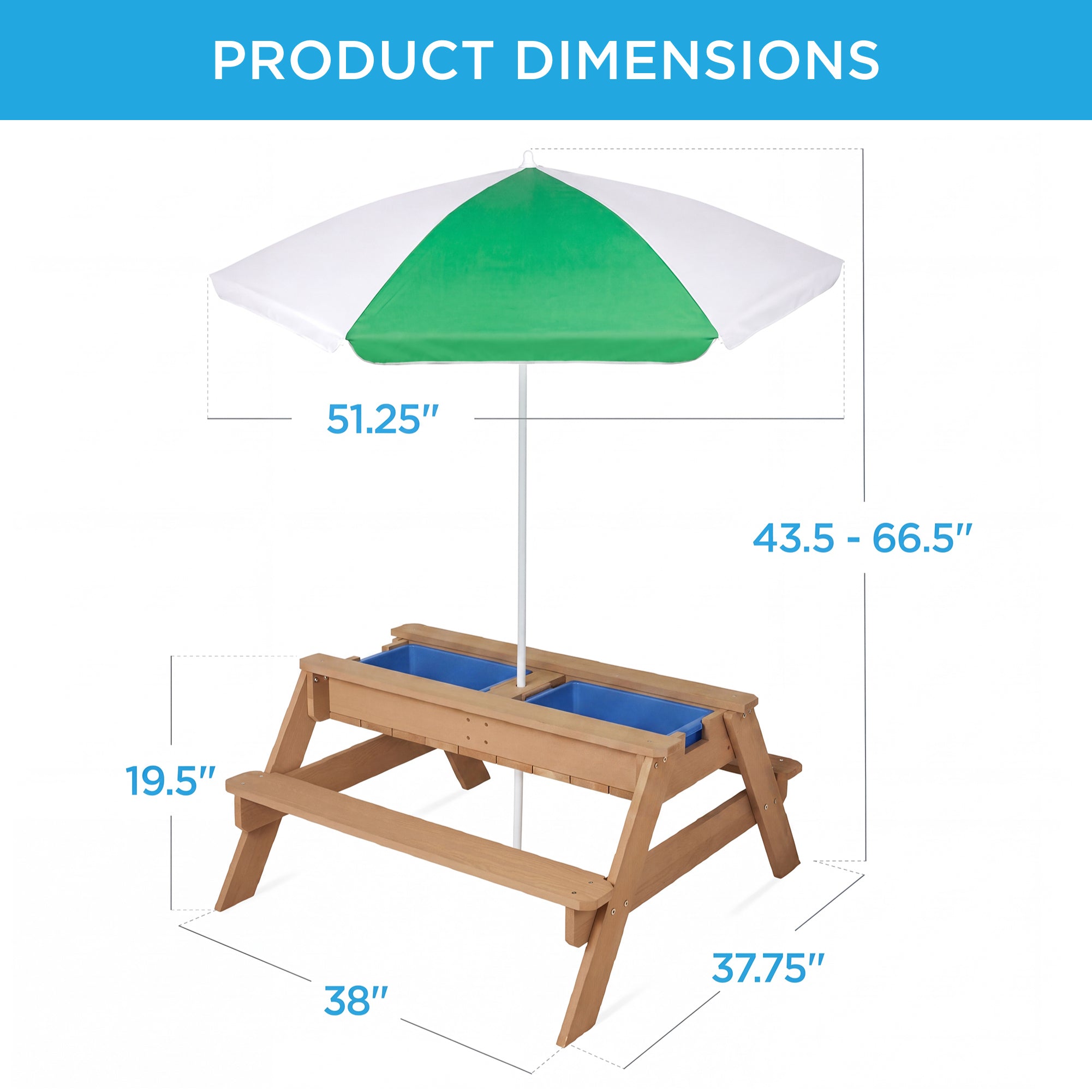 3-in-1 Kids Sand & Water Table Outdoor Wood Picnic Table w/ Umbrella