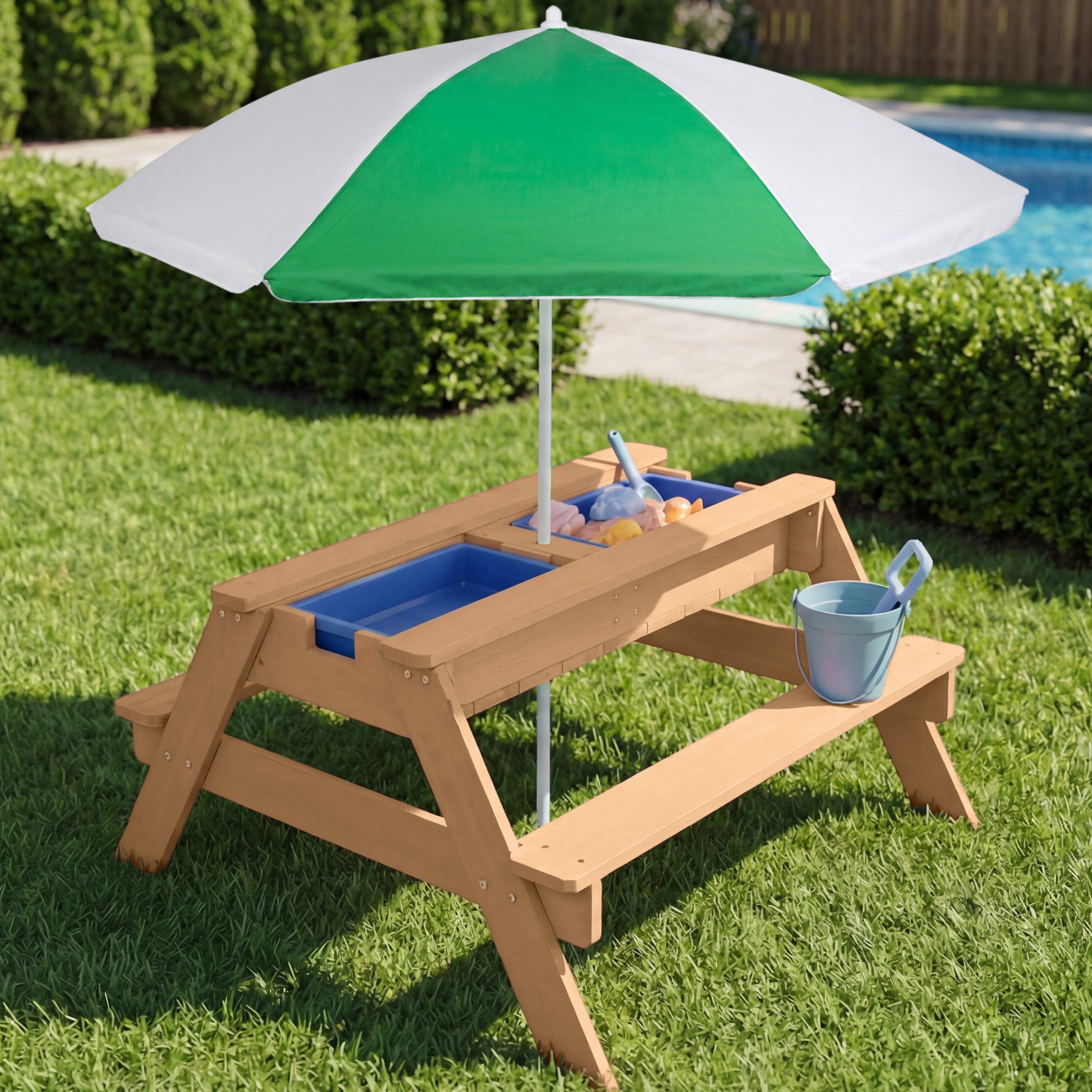 3-in-1 Kids Sand & Water Table Outdoor Wood Picnic Table w/ Umbrella
