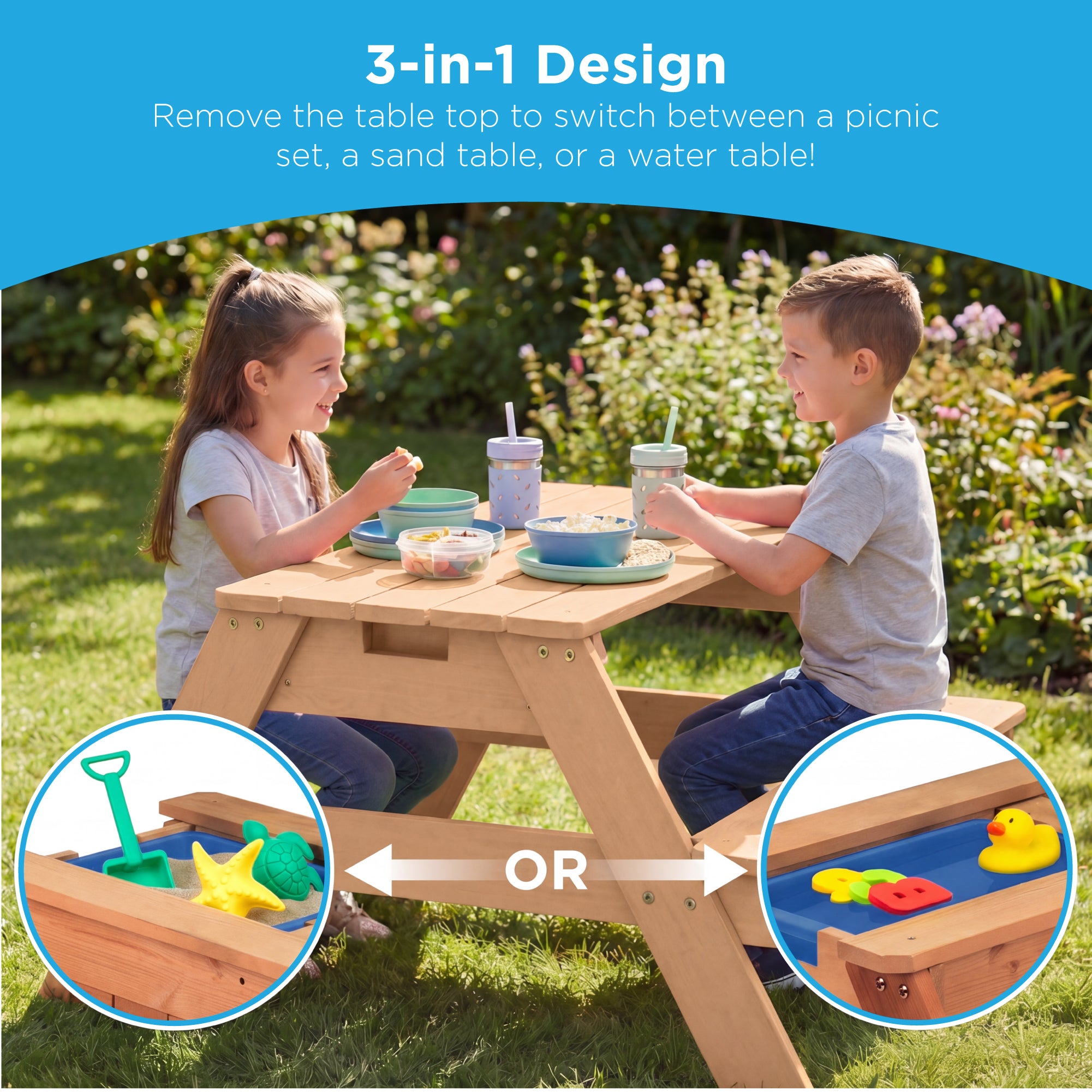 3-in-1 Kids Sand & Water Table Outdoor Wood Picnic Table w/ Umbrella