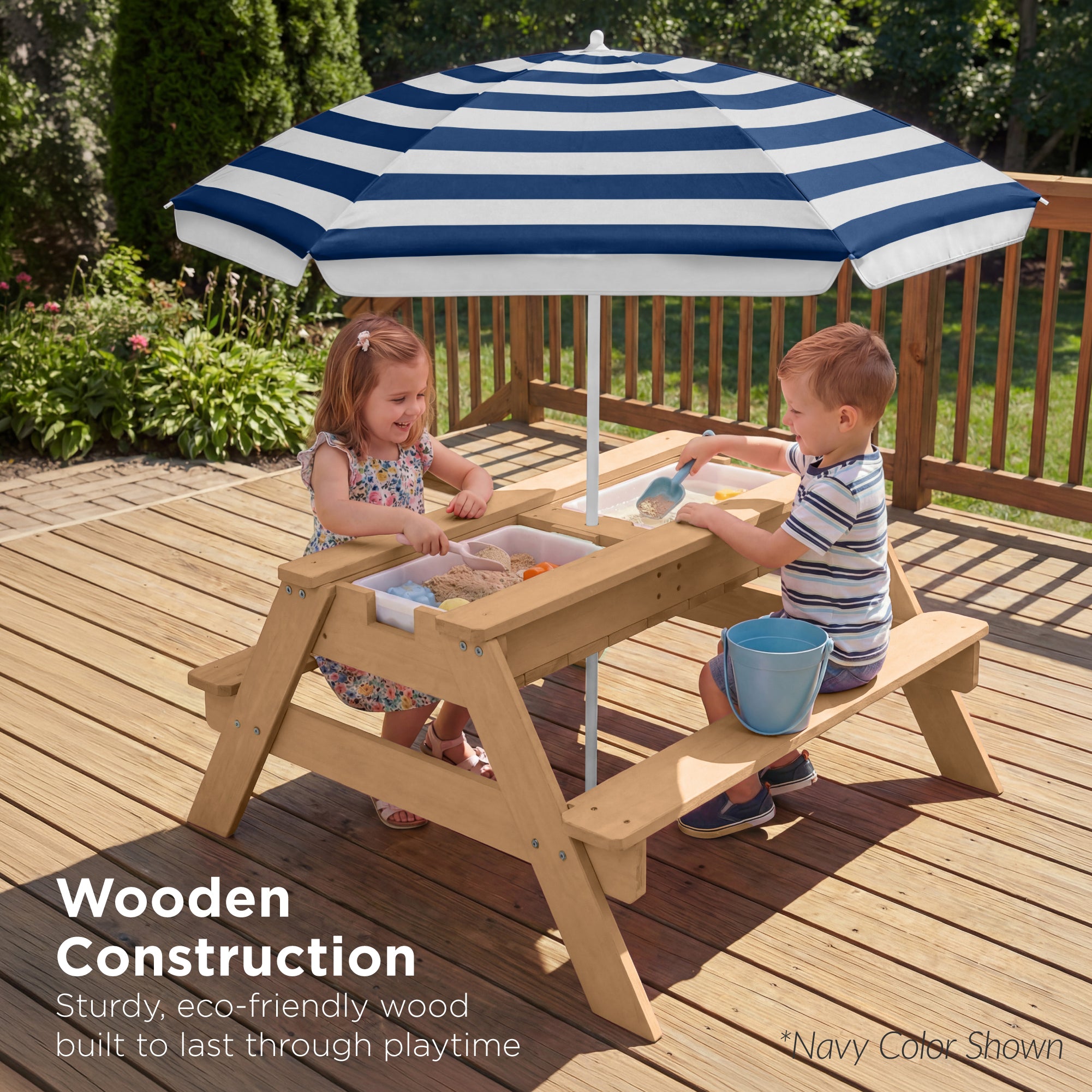 3-in-1 Kids Sand & Water Table Outdoor Wood Picnic Table w/ Umbrella