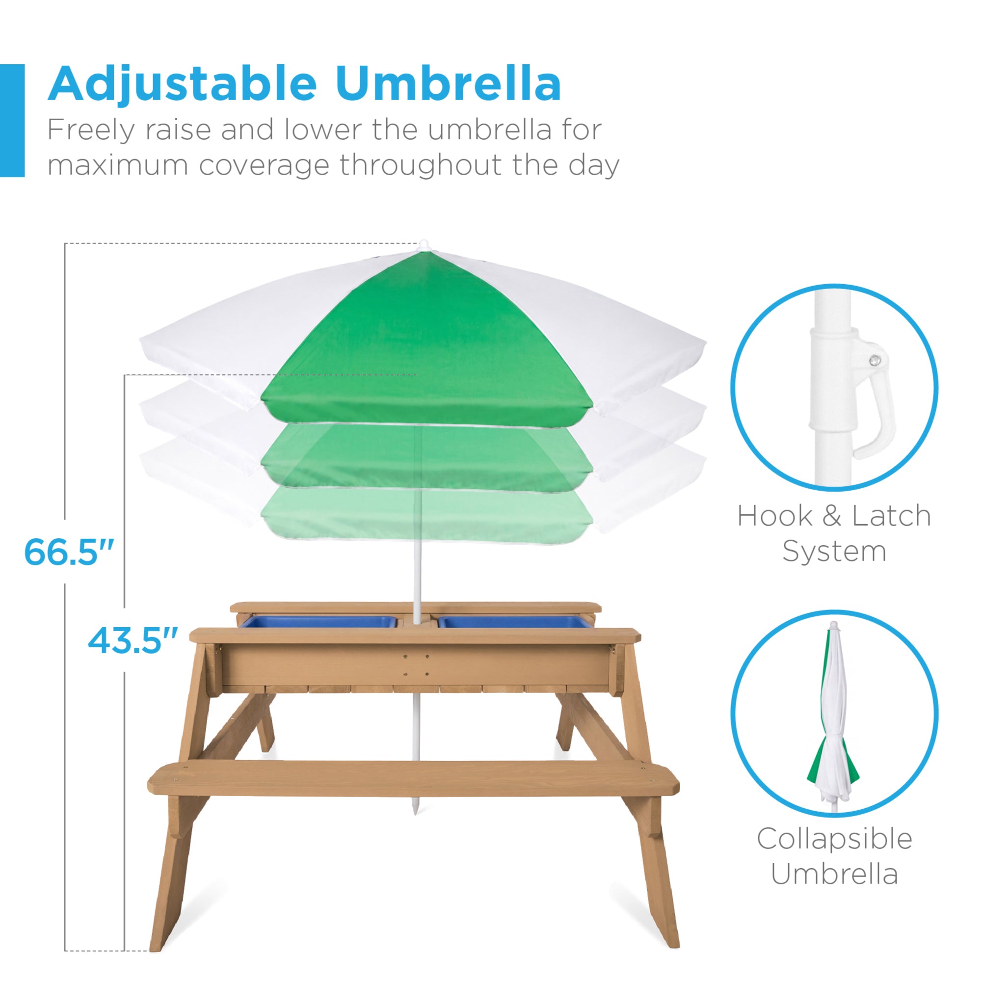 3-in-1 Kids Sand & Water Table Outdoor Wood Picnic Table w/ Umbrella