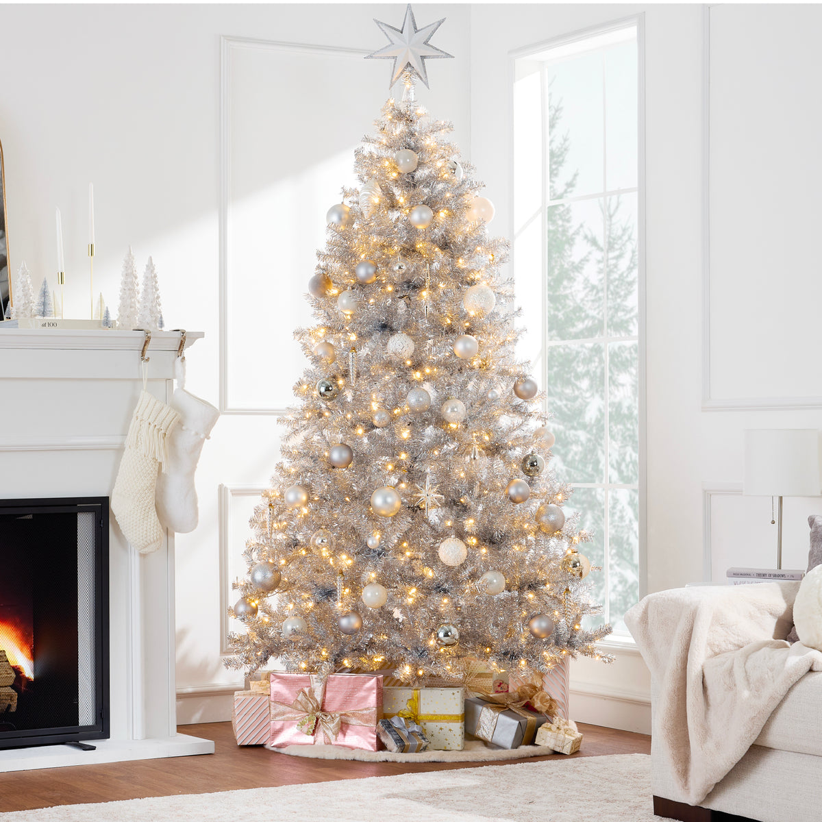 Artificial Tinsel Christmas Tree with Viral Twinkling Lights, PreLit Pine