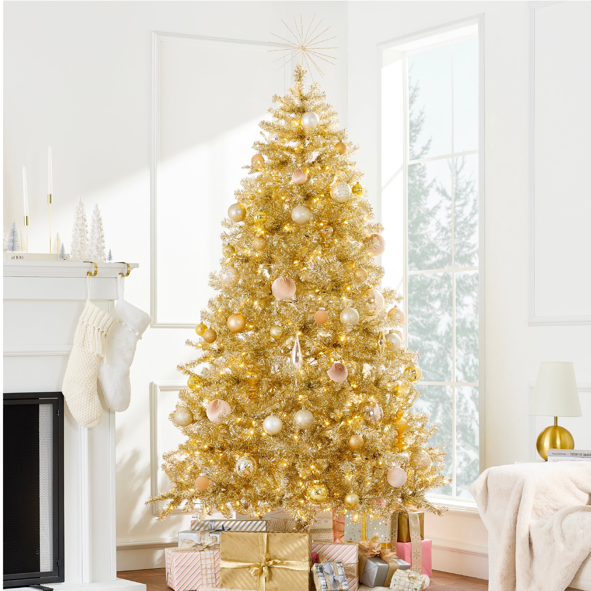 Champagne Gold Artificial Tinsel Christmas Tree w/ Foldable Stand
