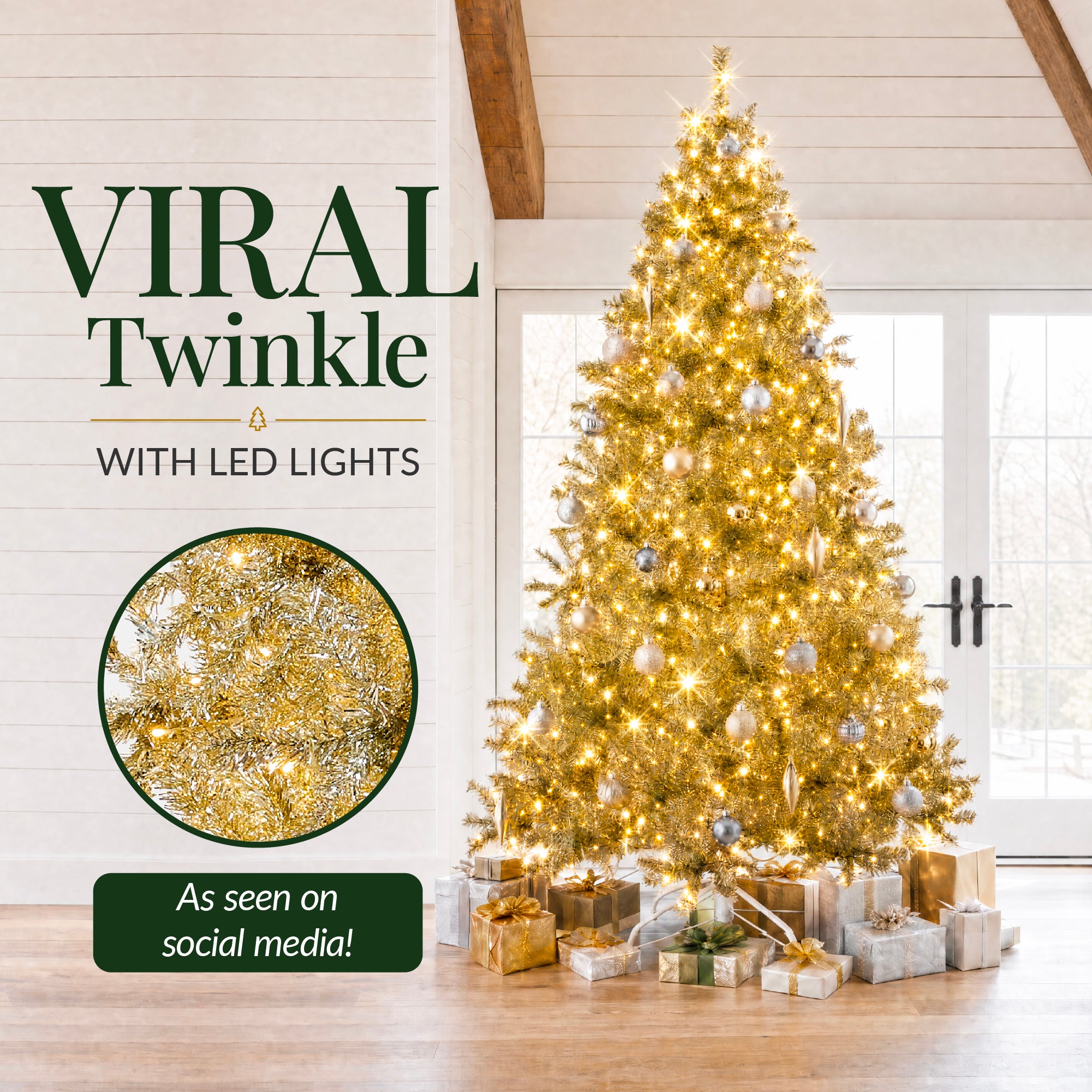 Champagne Gold Artificial Tinsel Christmas Tree w/ Foldable Stand
