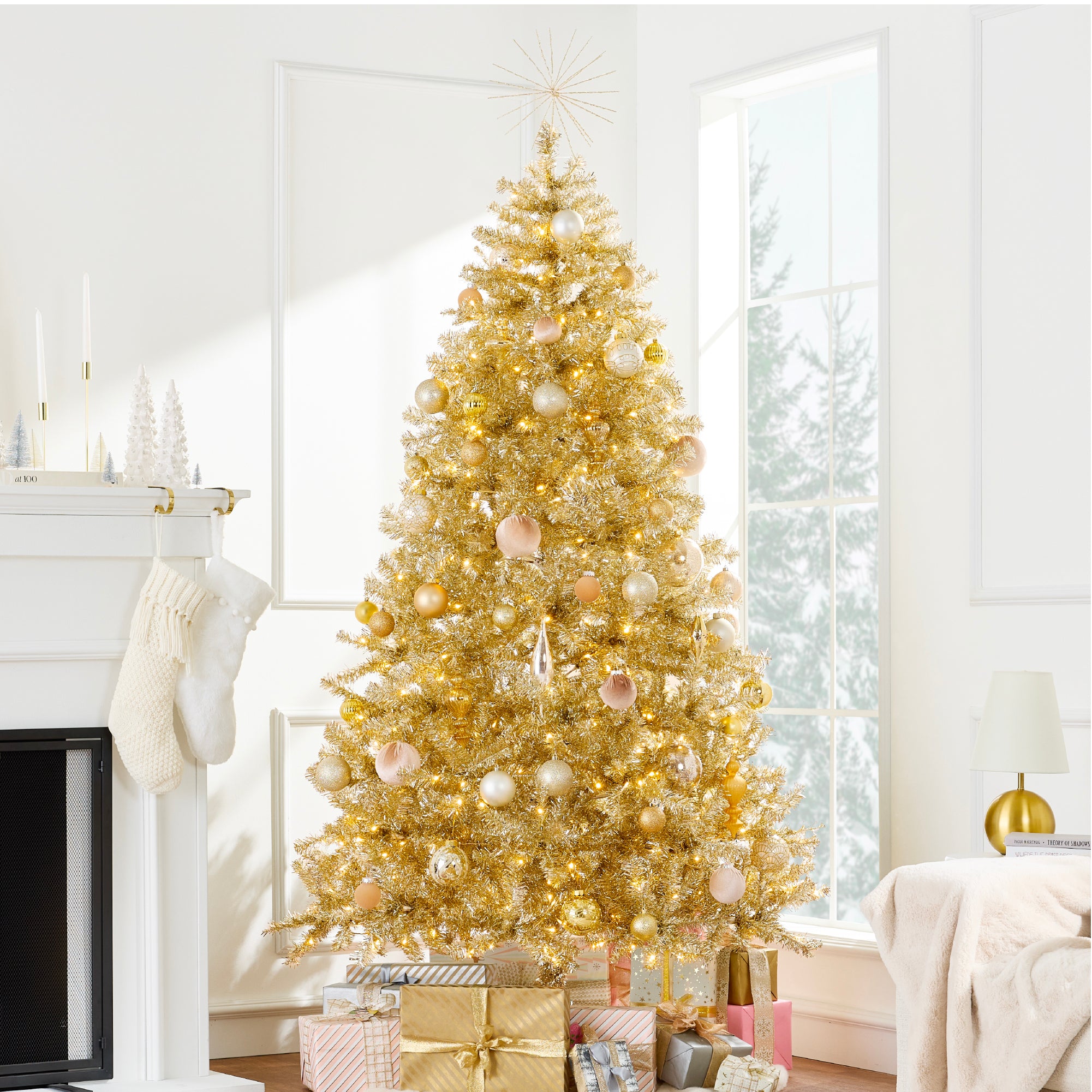 Champagne Gold Artificial Tinsel Christmas Tree w/ Foldable Stand