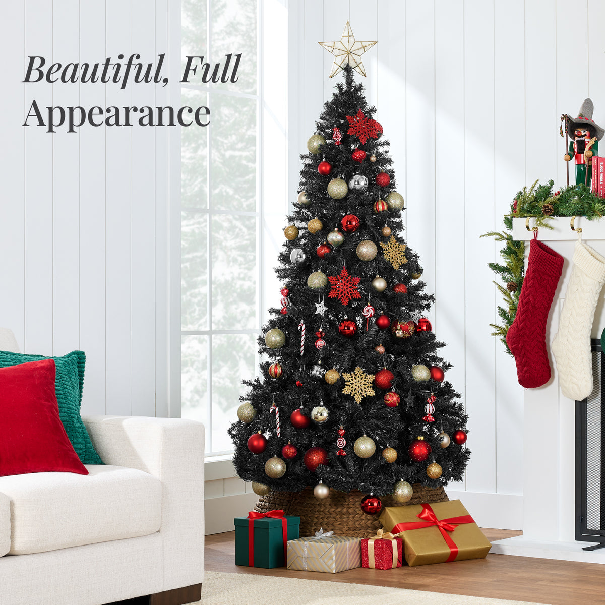 Artificial Black Christmas Tree, Unlit Pine Design w/Easy Assembly