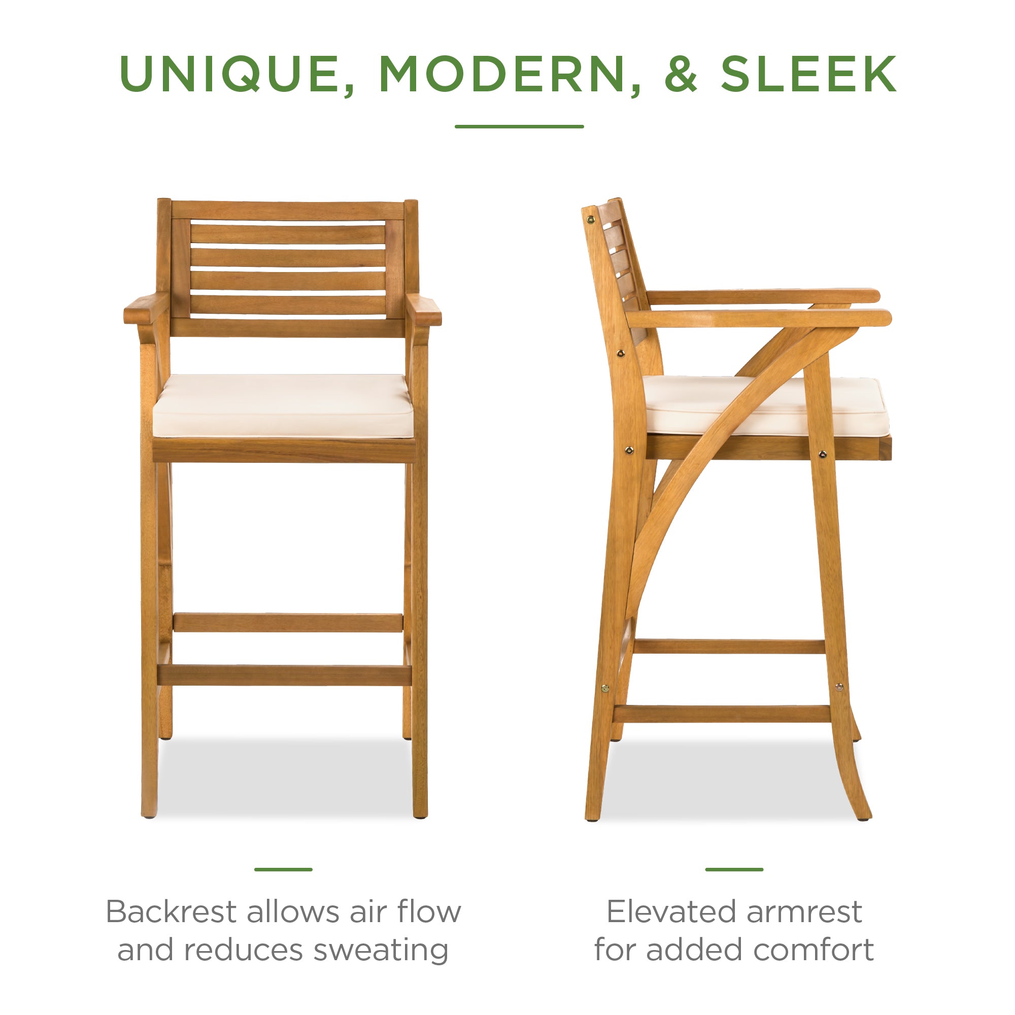 Set of 2 Outdoor Acacia Wood Bar Stools Chairs - Thumbnail 4