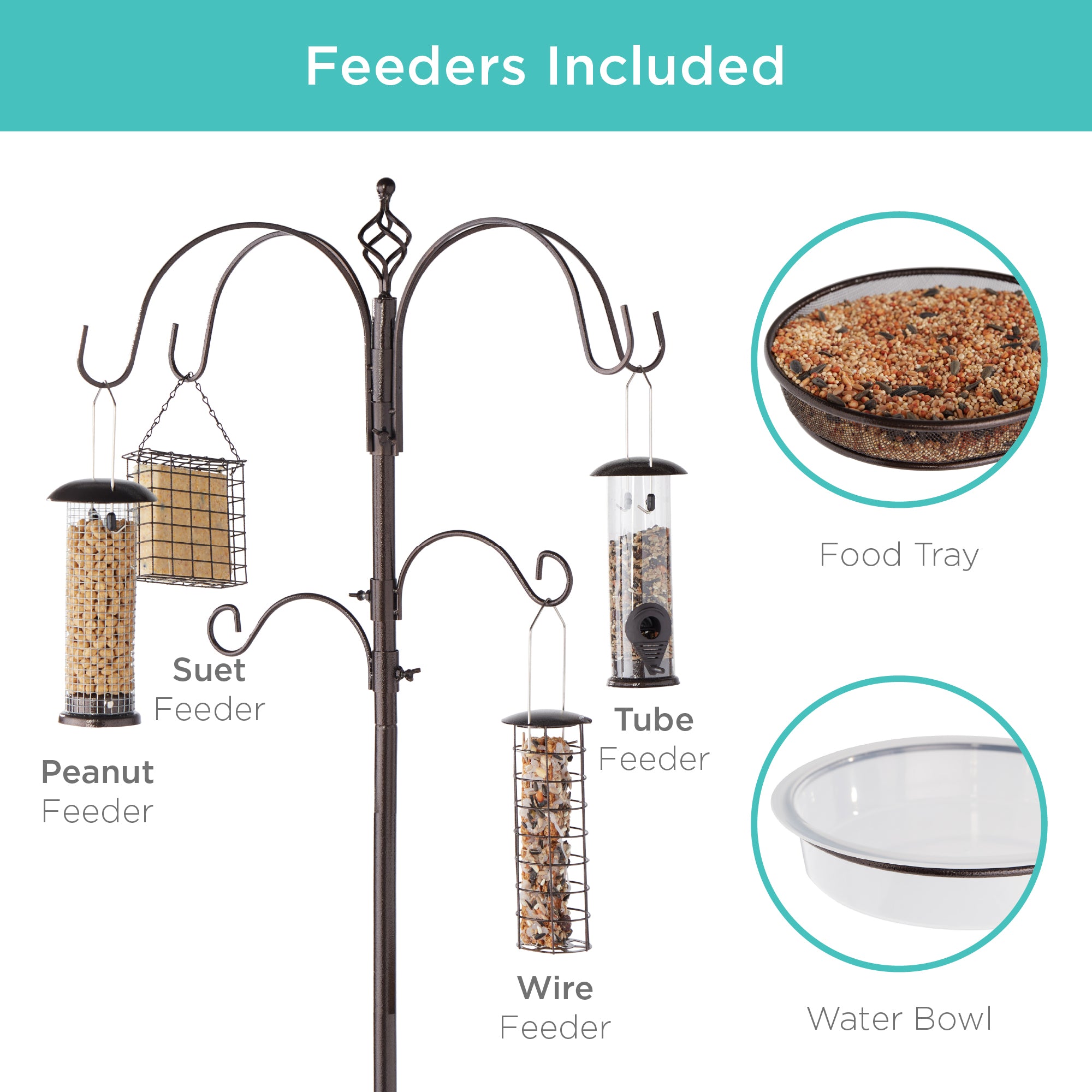 Bird Feeding Station, 6-Hook Steel Multi-Feeder Stand w/ 4 Feeders - 89in