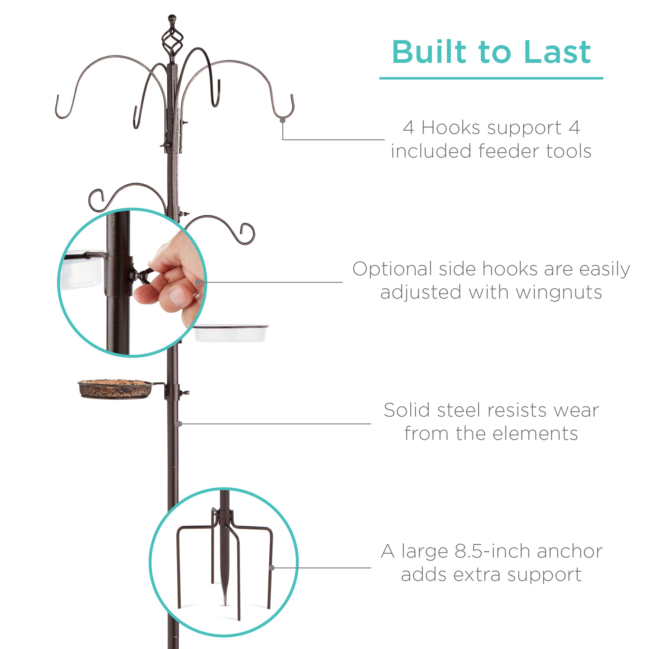Bird Feeding Station, 6-Hook Steel Multi-Feeder Stand w/ 4 Feeders - 89in