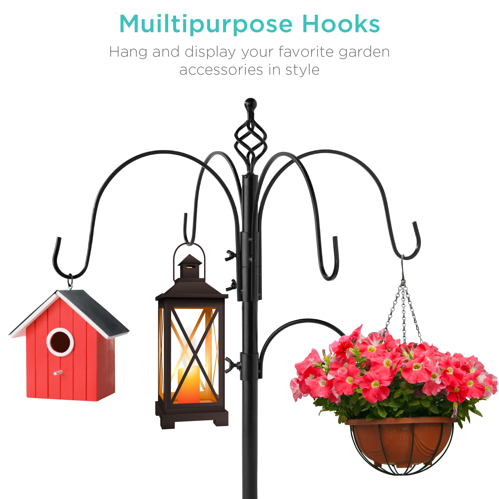 Bird Feeding Station, 6-Hook Steel Multi-Feeder Stand w/ 4 Feeders - 89in