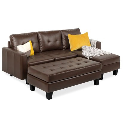 Best Choice Products 3-Seat L-Shape Tufted Faux Leather Sectional Sofa Couch Set w/ Chaise Lounge, Ottoman Bench - Brown