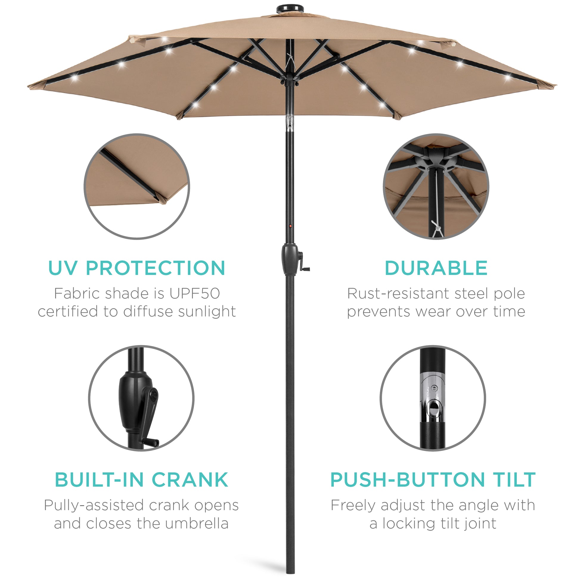 5 ft patio umbrella Best Choice Products 7.5ft Outdoor Solar Patio Umbrella for Deck, Pool w/ Tilt, Crank, LED Lights