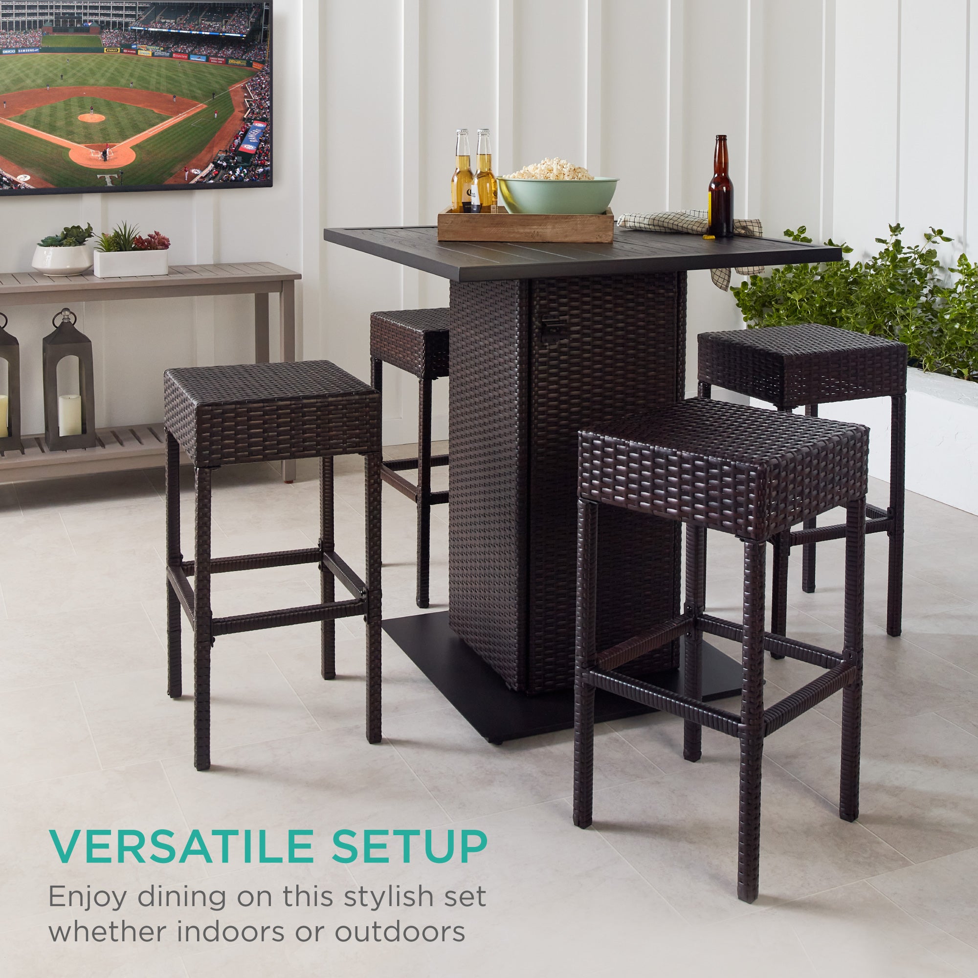 5-Piece Wicker Bar Set w/ 4 Stools - Thumbnail 3