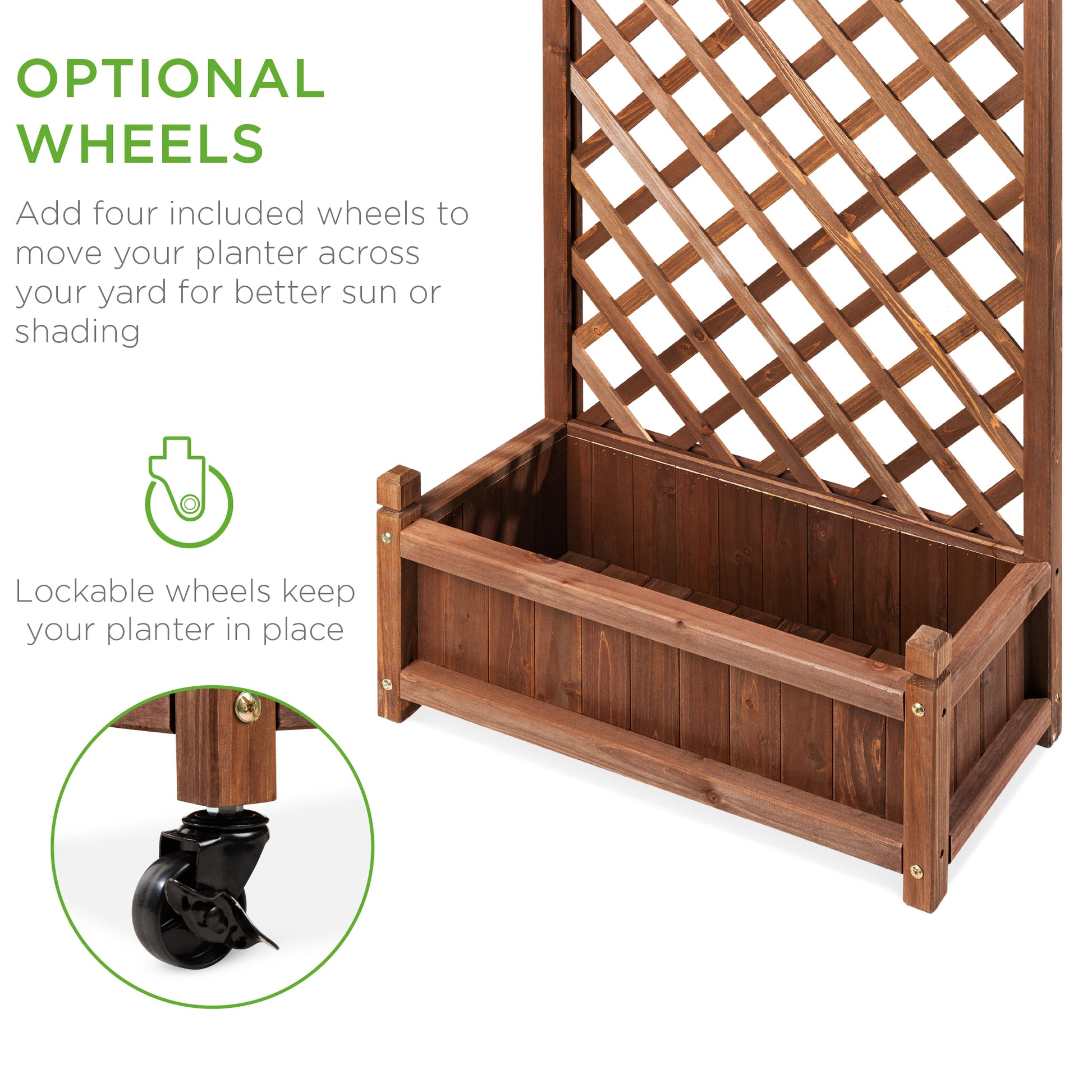wooden planters with trellis attached Wood Planter Box & Lattice Trellis w/ Drainage, Optional Wheels 48in