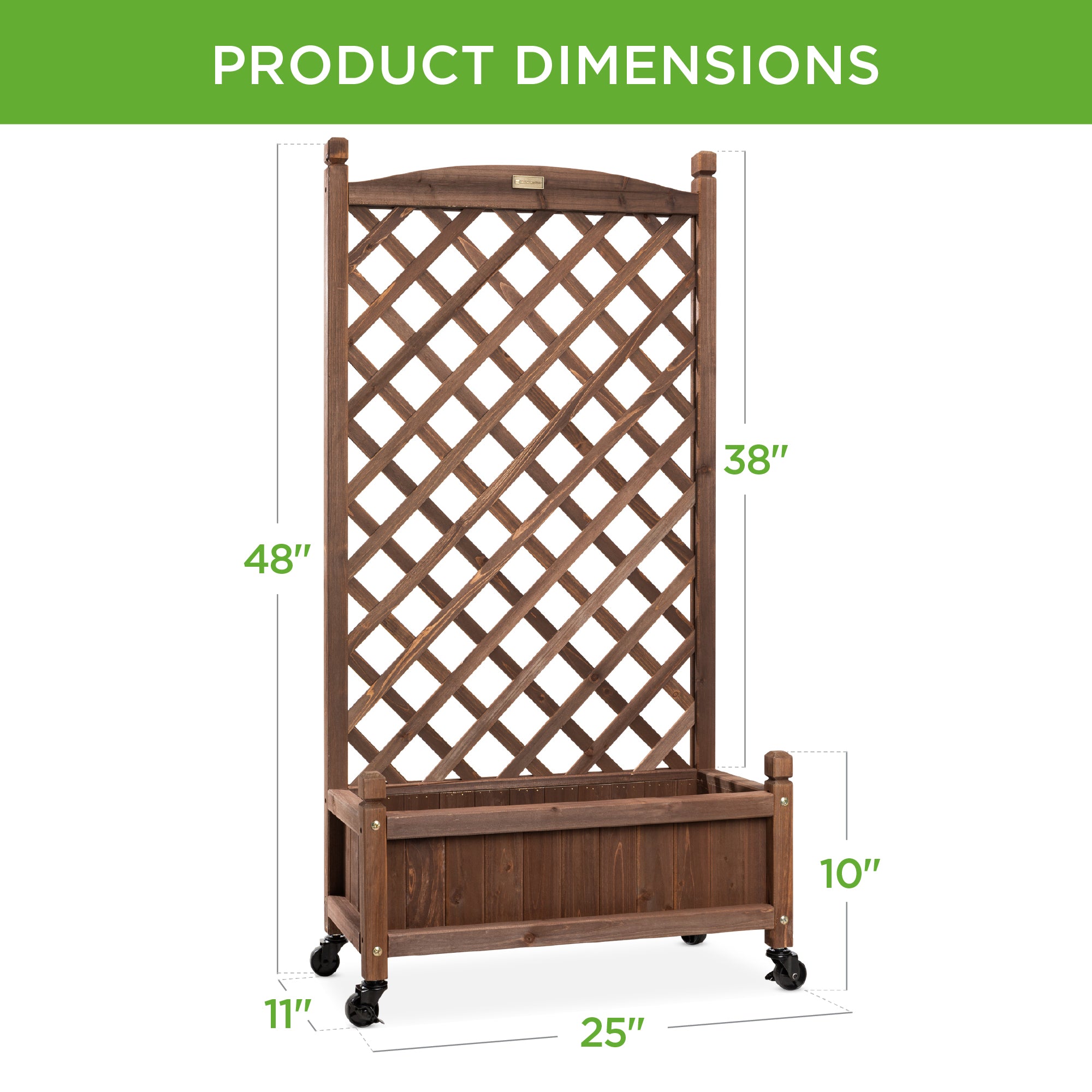 Wood Planter Box & Lattice Trellis w/ Drainage, Optional Wheels