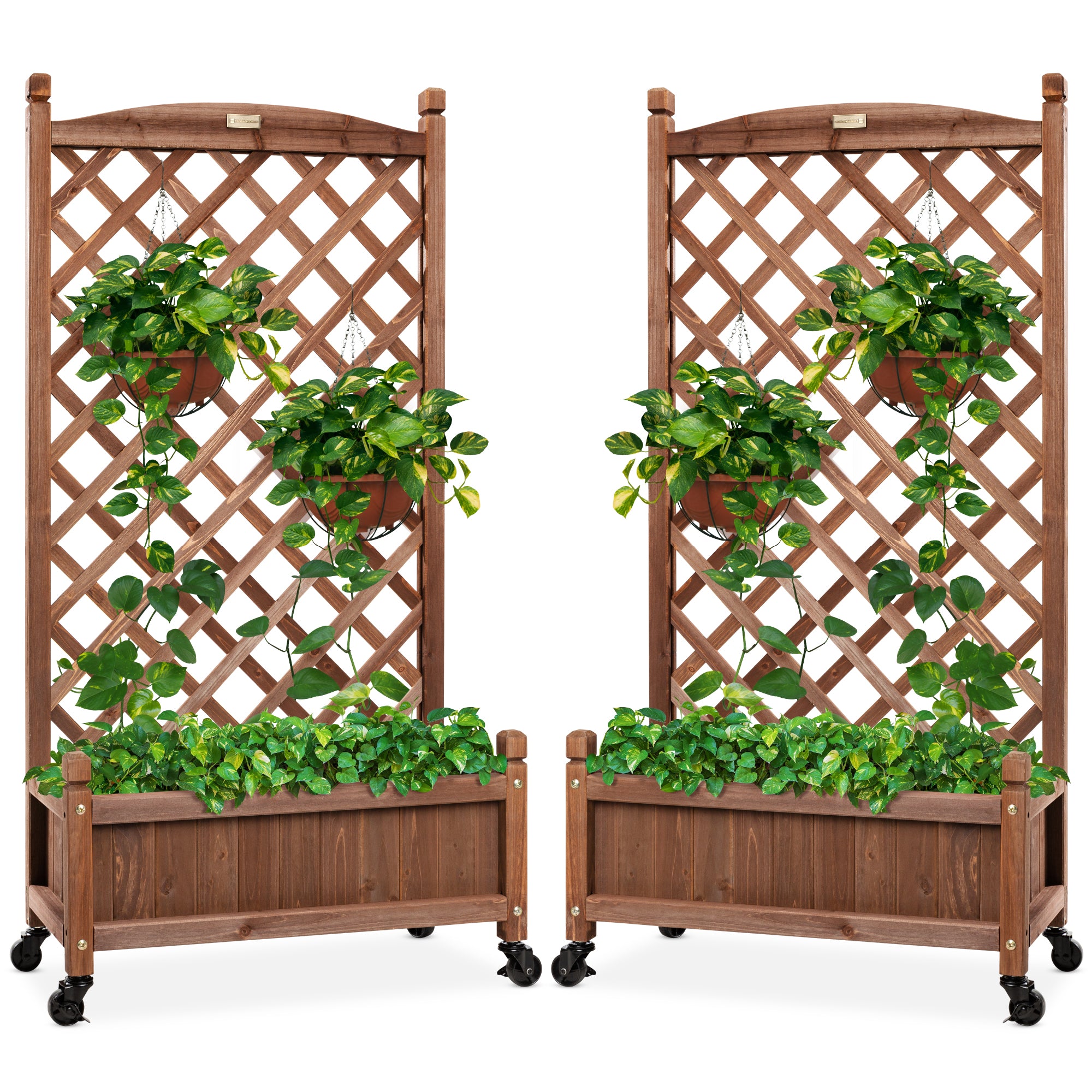 Set of 2 Wood Planter Box & Lattice Trellis w/ Optional Wheels - 48in