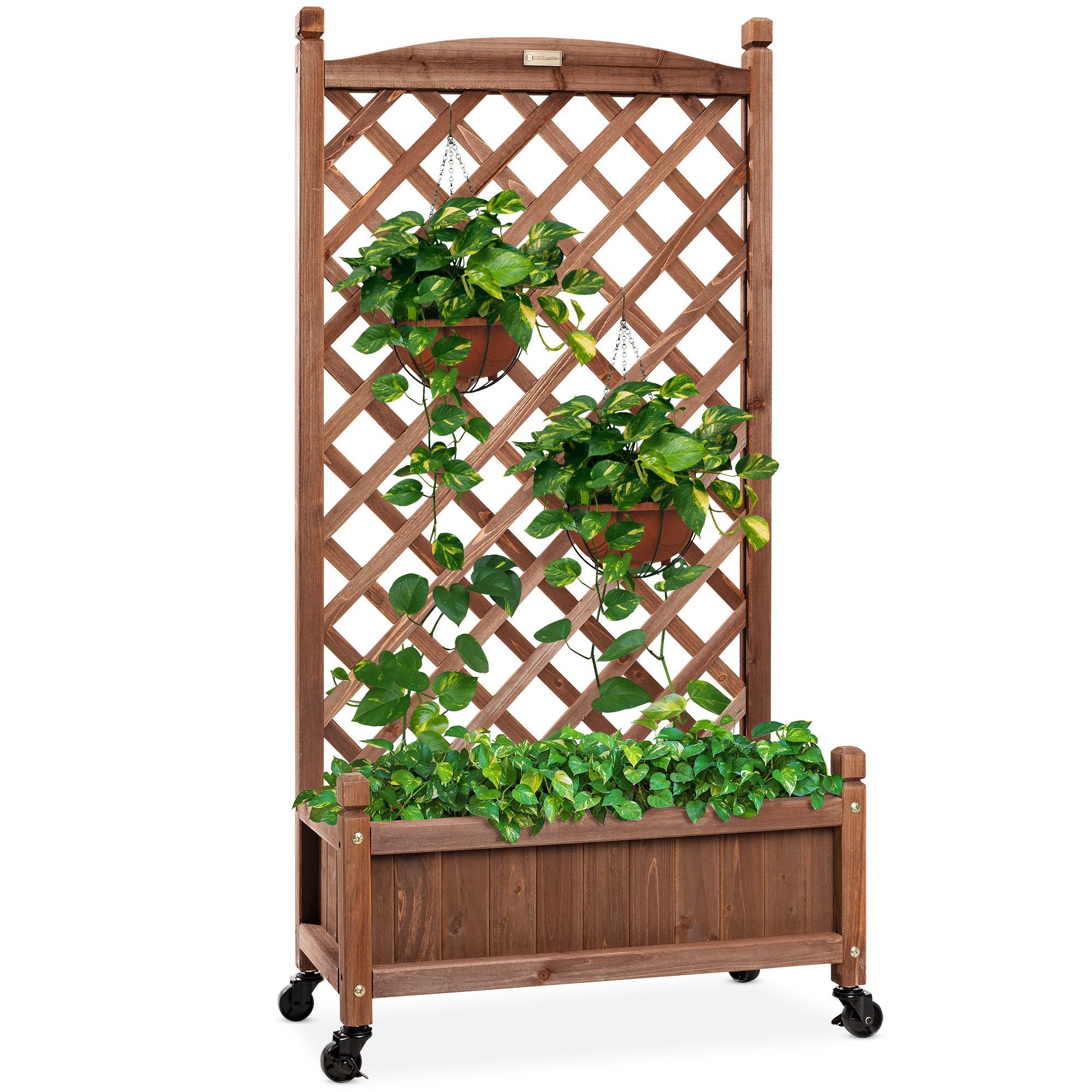 Wood Planter Box & Lattice Trellis w/ Drainage, Optional Wheels