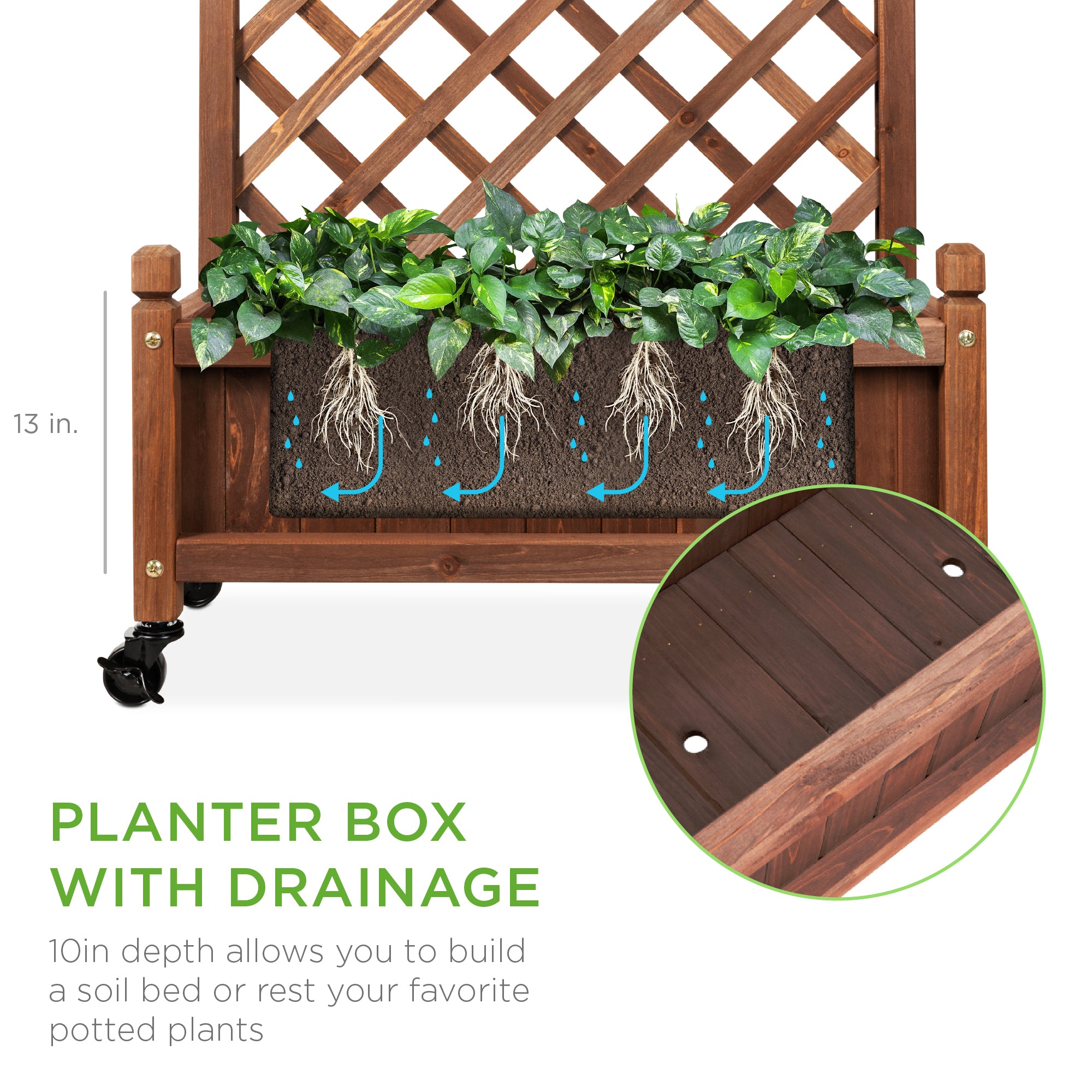Wood Planter Box & Lattice Trellis w/ Drainage, Optional Wheels