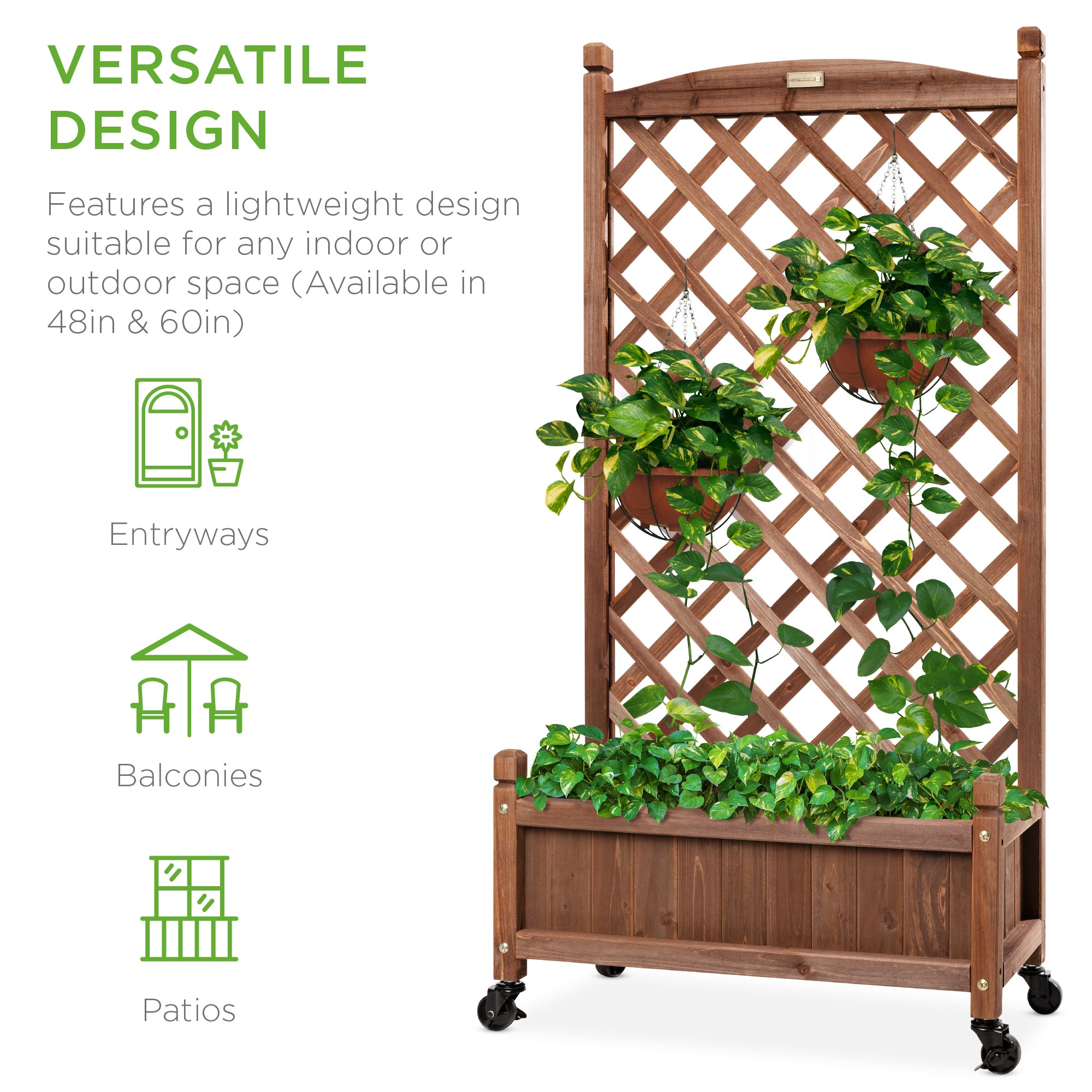 Wood Planter Box & Lattice Trellis w/ Drainage, Optional Wheels