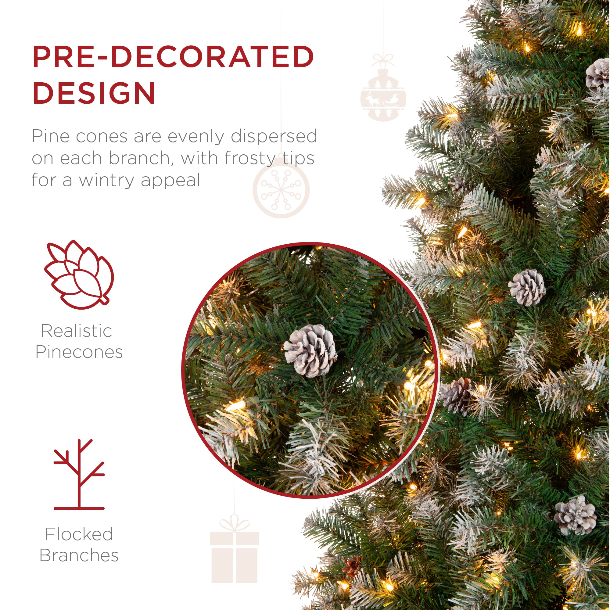 Pre-Decorated Christmas Tree w/ Pinecones, Flocked Branch Tips - Thumbnail 5