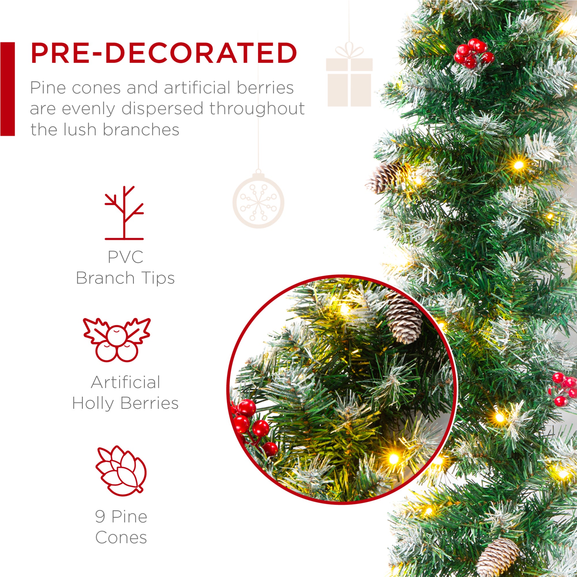 9ft Pre-Lit Christmas Garland w/ 50 Lights, Pine Cones, Berries