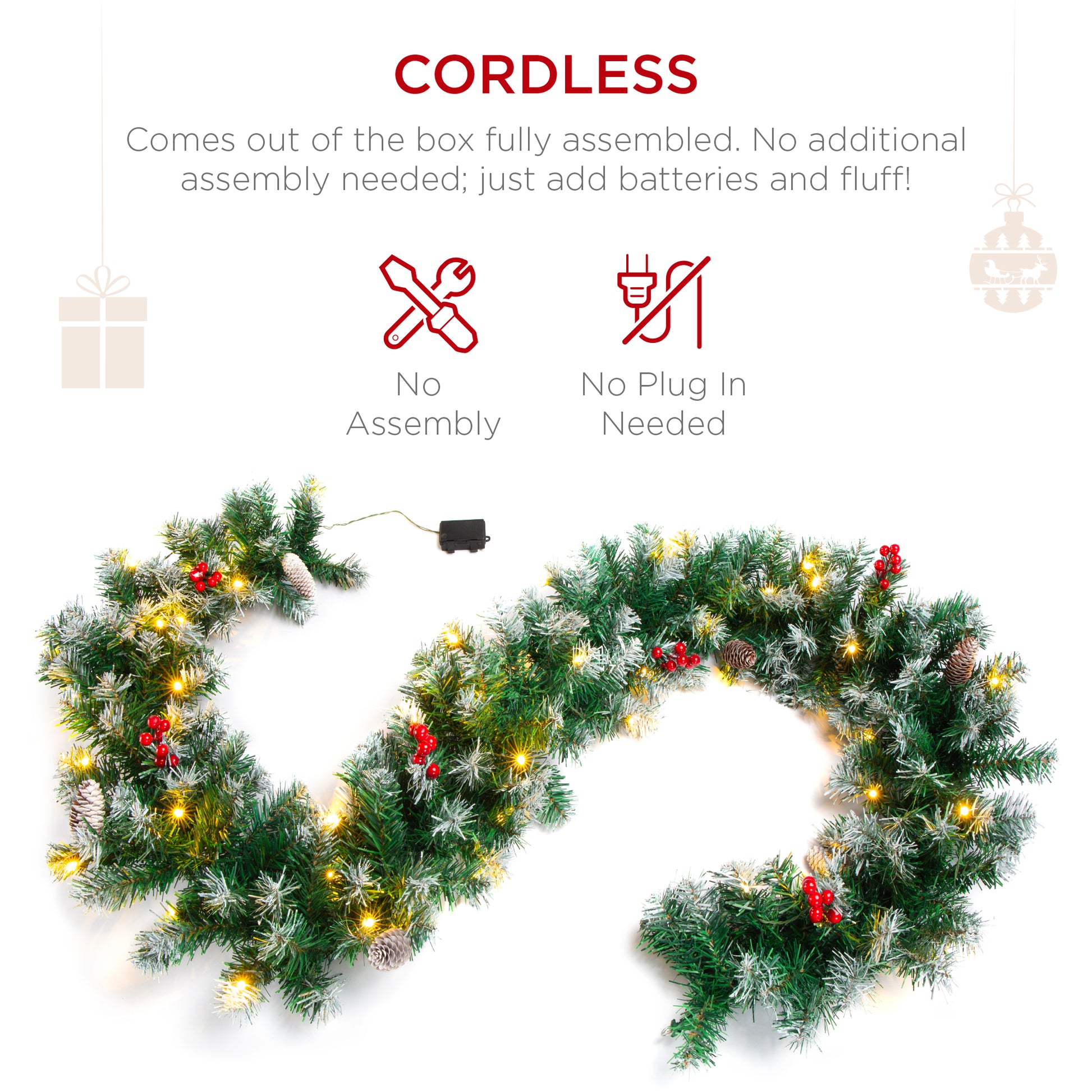 9ft Pre-Lit Christmas Garland w/ 50 Lights, Pine Cones, Berries