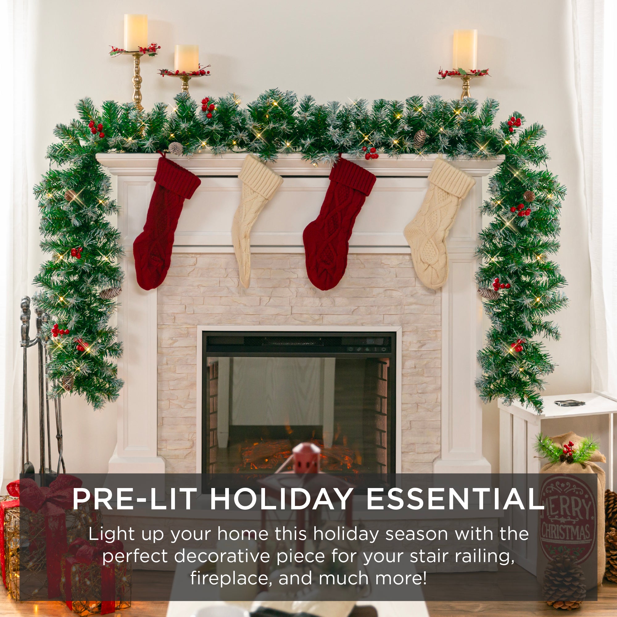 9ft Pre-Lit Christmas Garland w/ 50 Lights, Pine Cones, Berries