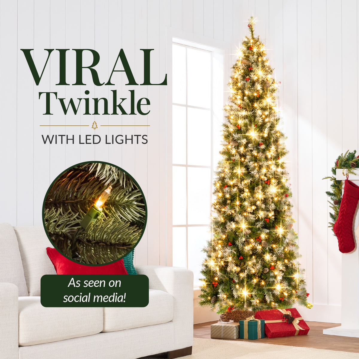 Pencil Christmas Tree PreLit Twinkling Lights PreDecorated Artificial Pine