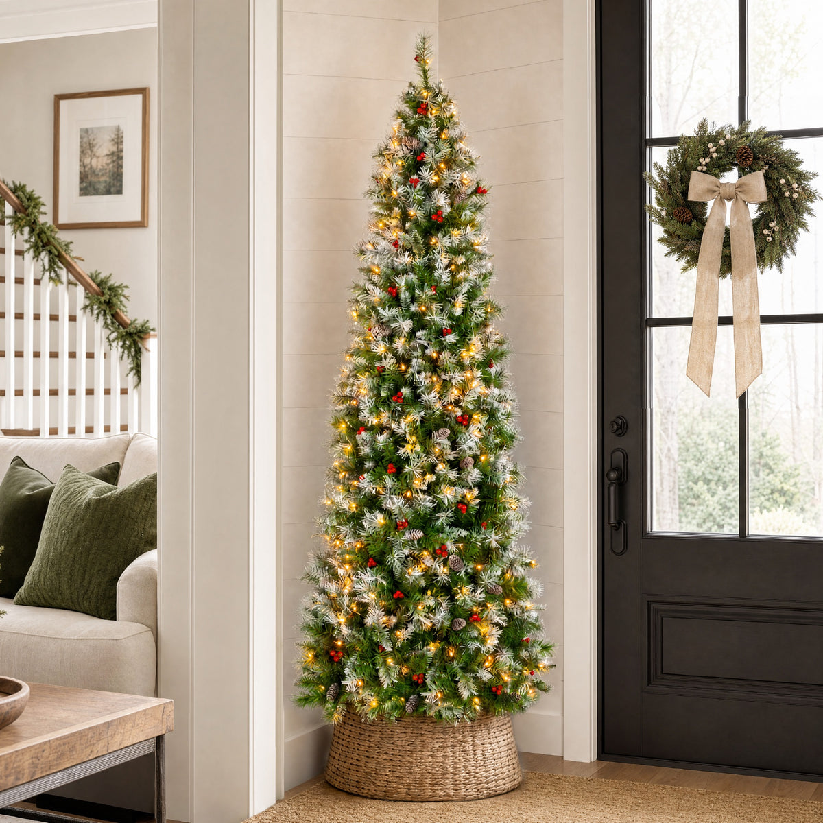 Pencil Christmas Tree PreLit Twinkling Lights PreDecorated Artificial Pine